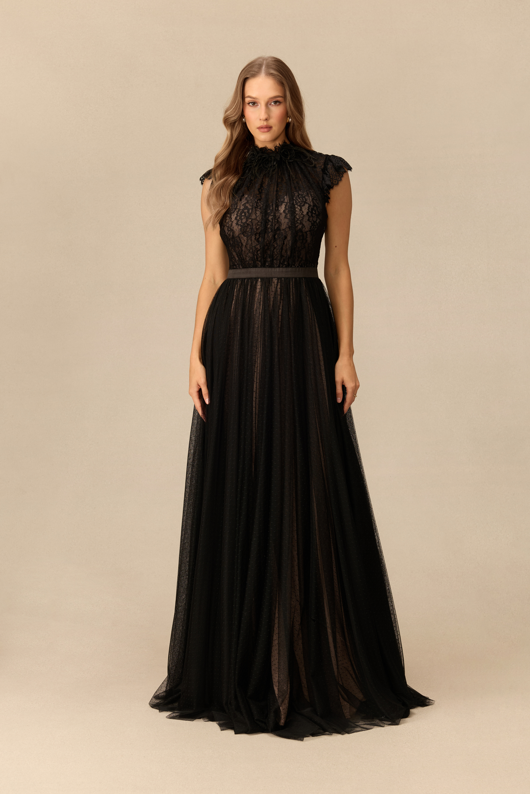 Retro Reverie Lace Bodice Polka Dot Tulle Maxi Dress