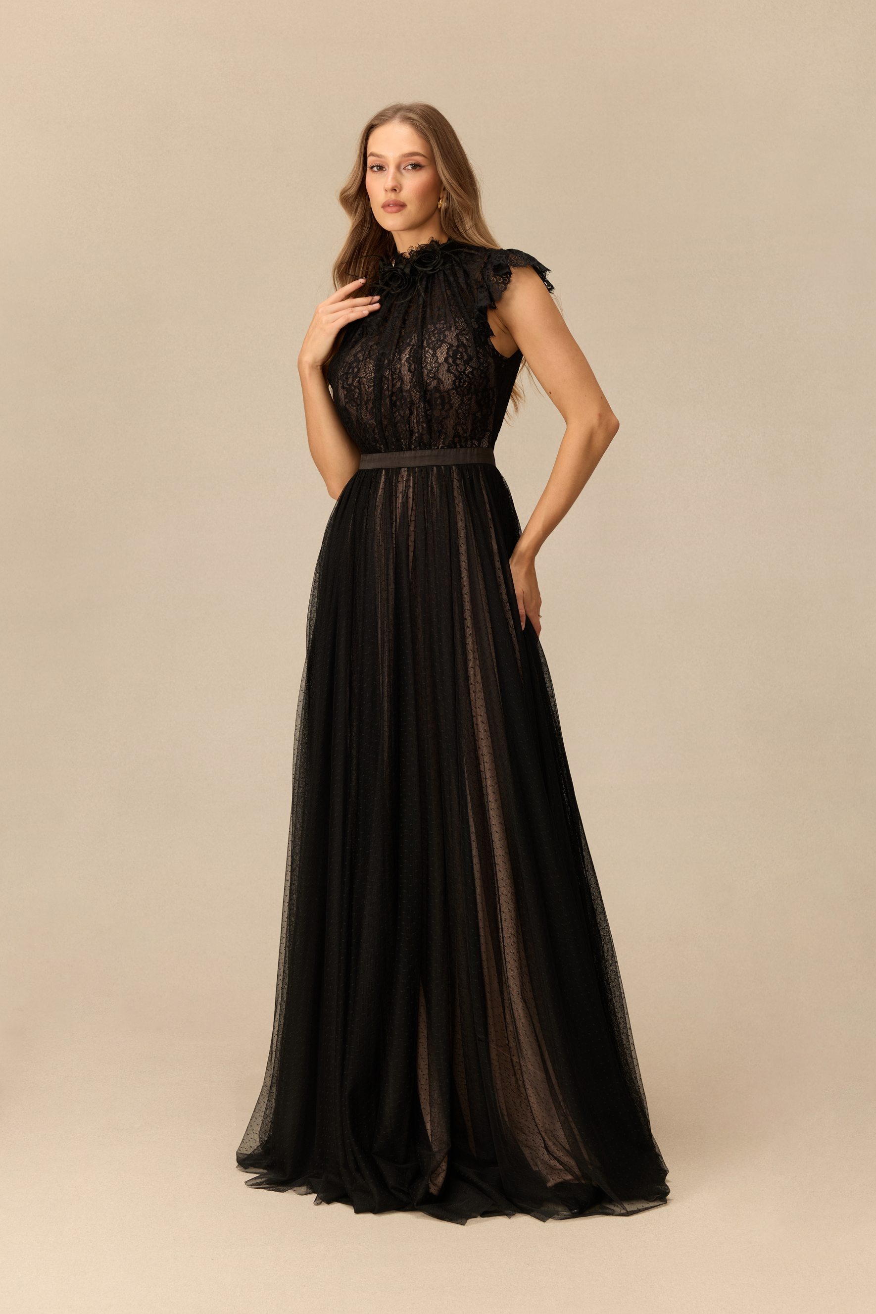 Retro Reverie Lace Bodice Polka Dot Tulle Maxi Dress