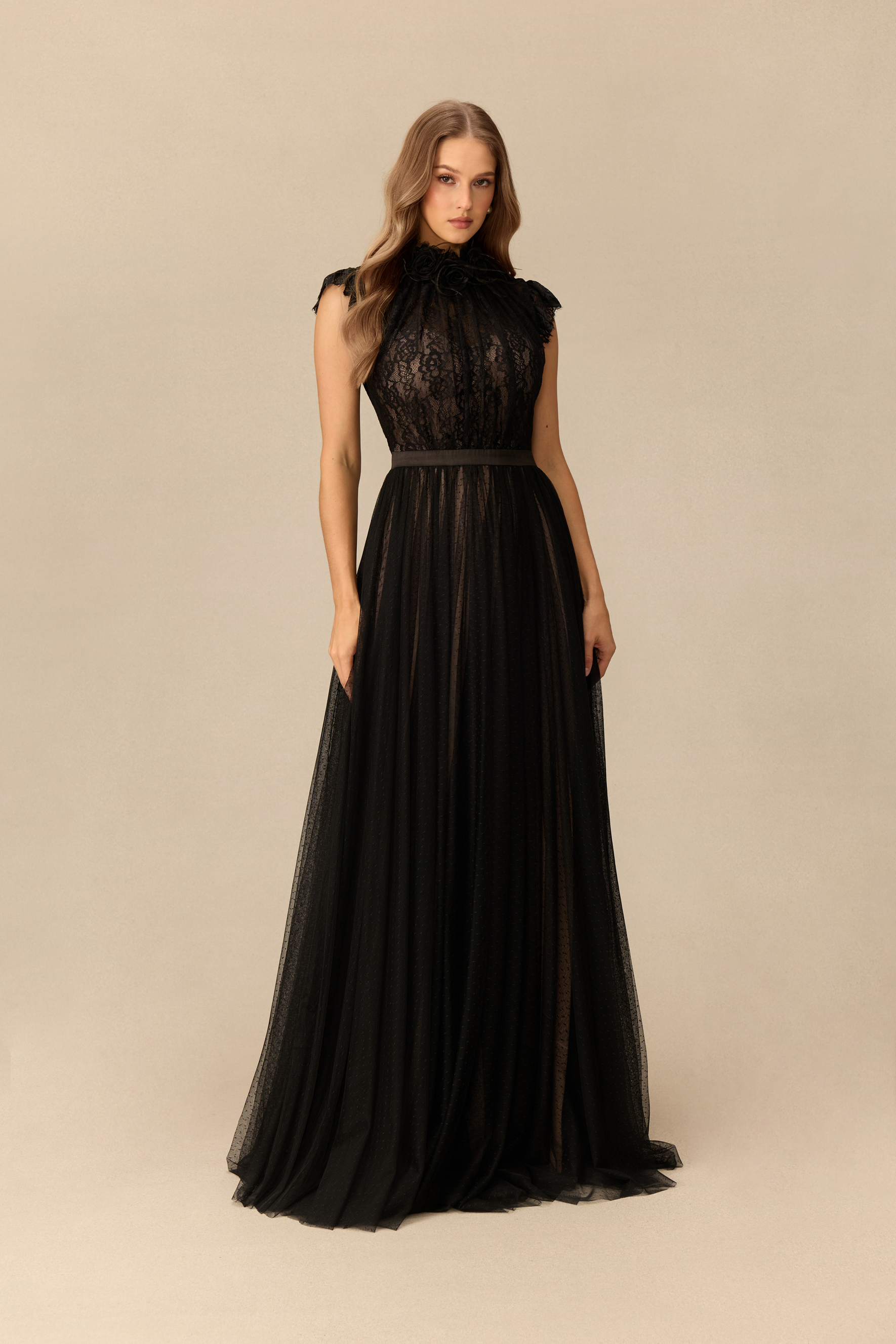 Retro Reverie Lace Bodice Polka Dot Tulle Maxi Dress