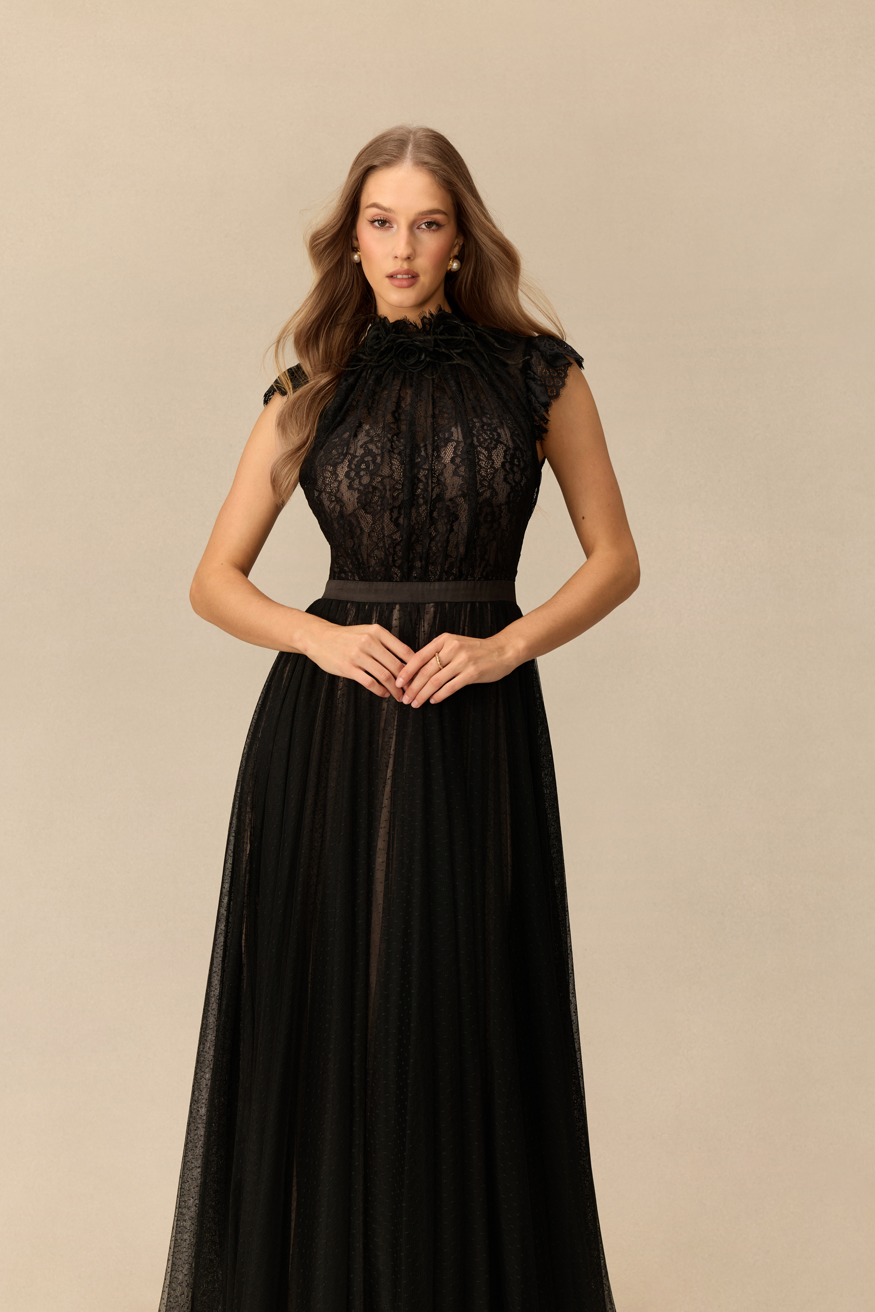 Retro Reverie Lace Bodice Polka Dot Tulle Maxi Dress