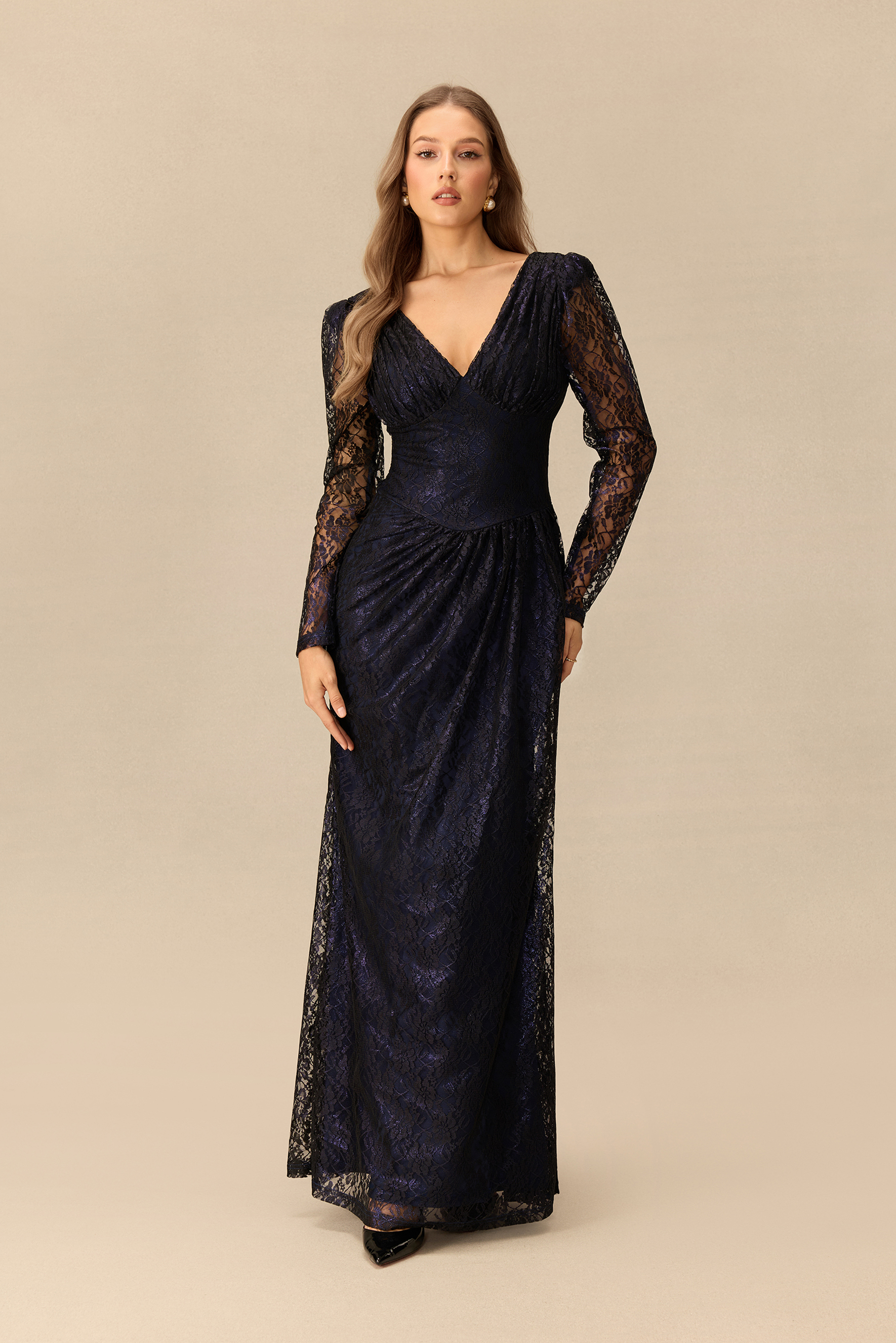 Tonight Only Embellished Sheer Sleeve Corset Maxi Dress