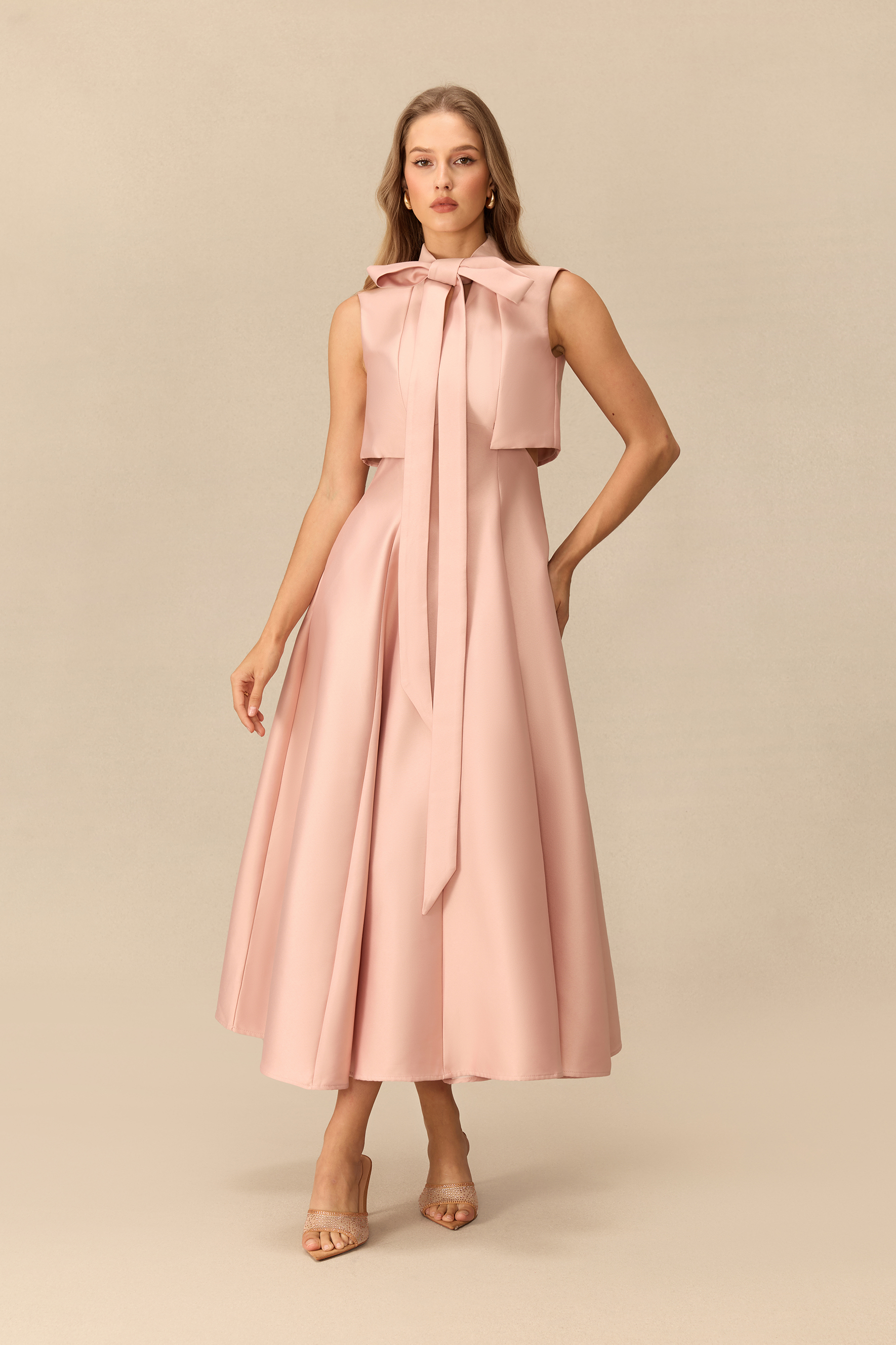 Heart Of The Moment Sleeveless Bow Neck Satin Maxi Dress