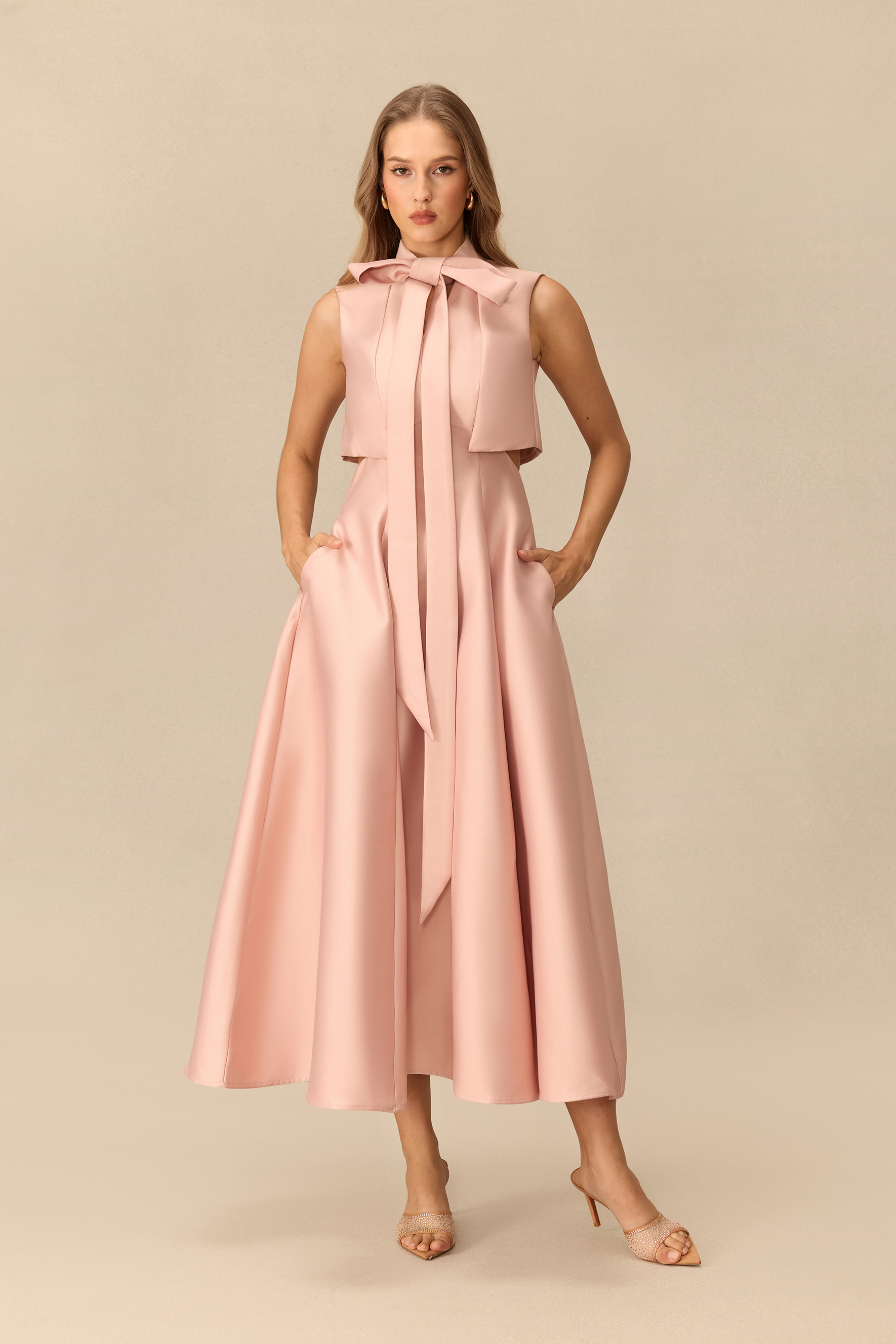 Heart Of The Moment Sleeveless Bow Neck Satin Maxi Dress