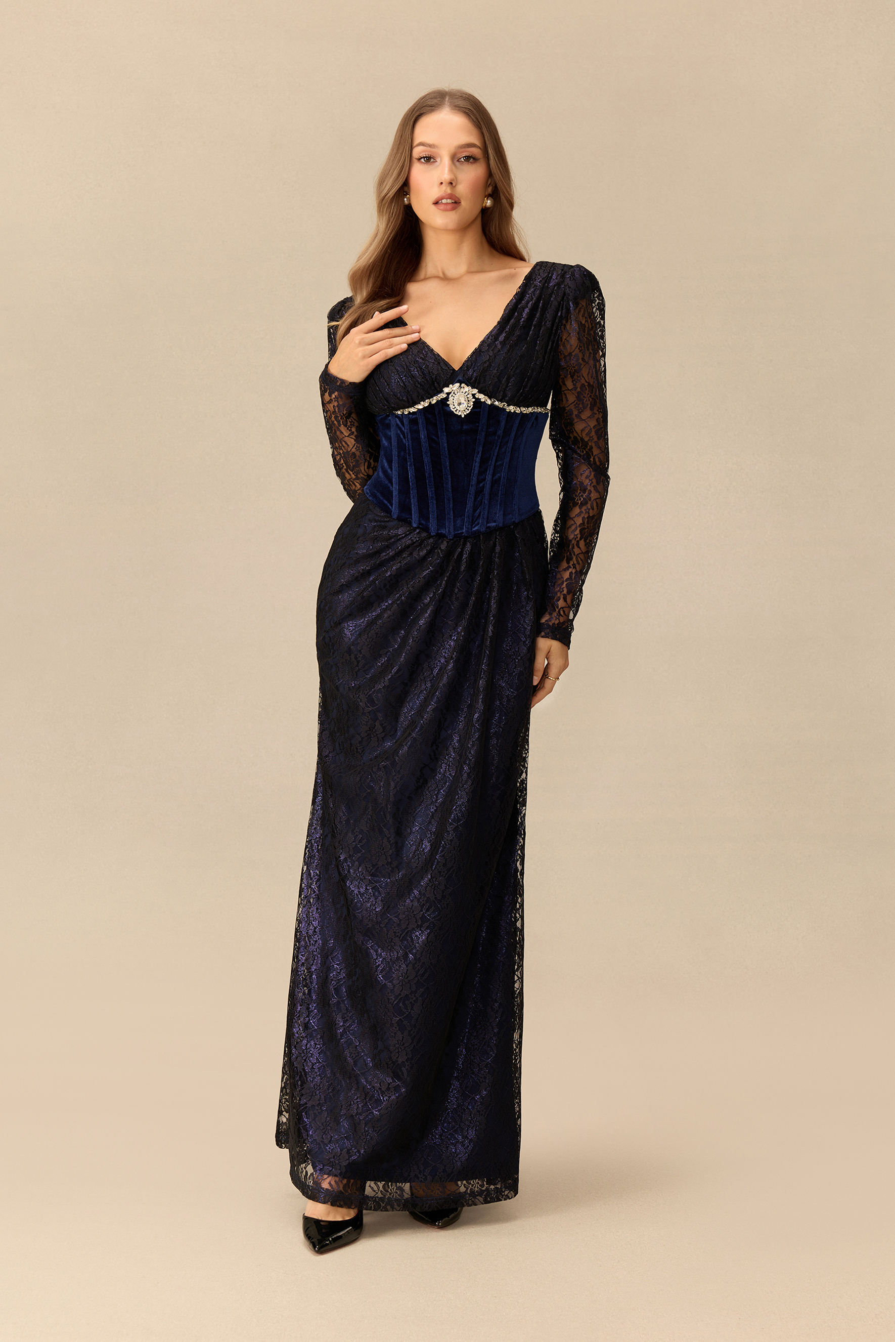 Tonight Only Embellished Sheer Sleeve Corset Maxi Dress