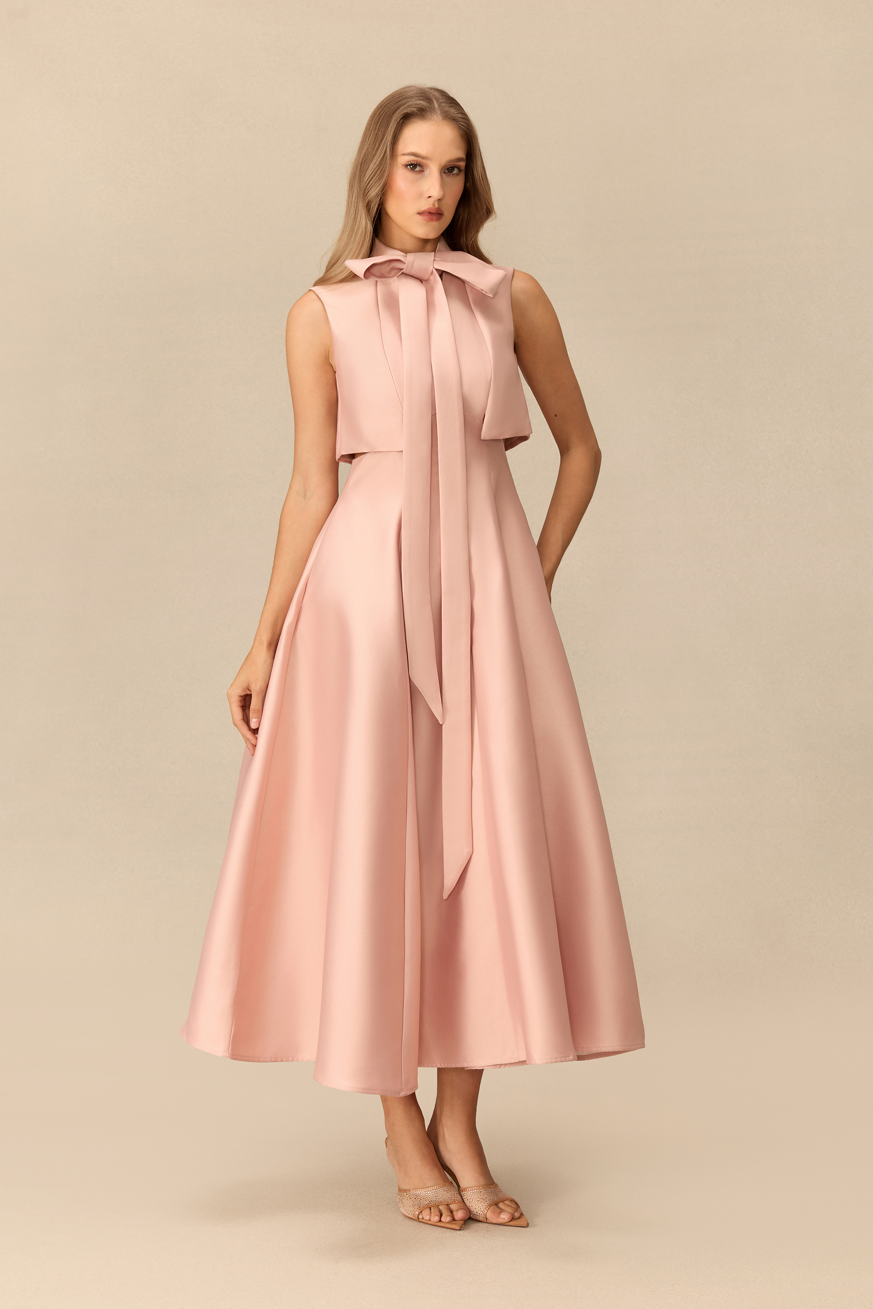 Heart Of The Moment Sleeveless Bow Neck Satin Maxi Dress