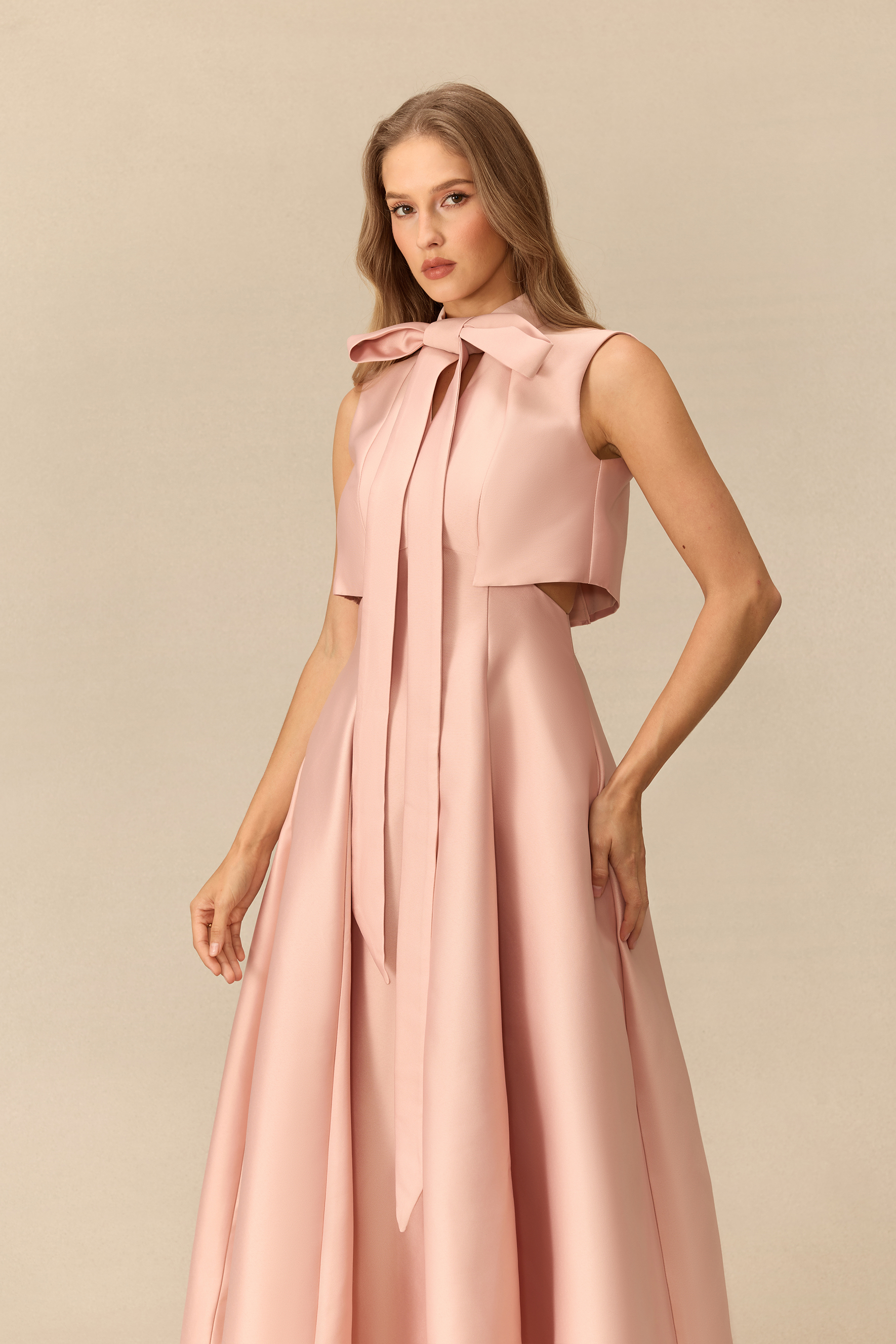 Heart Of The Moment Sleeveless Bow Neck Satin Maxi Dress