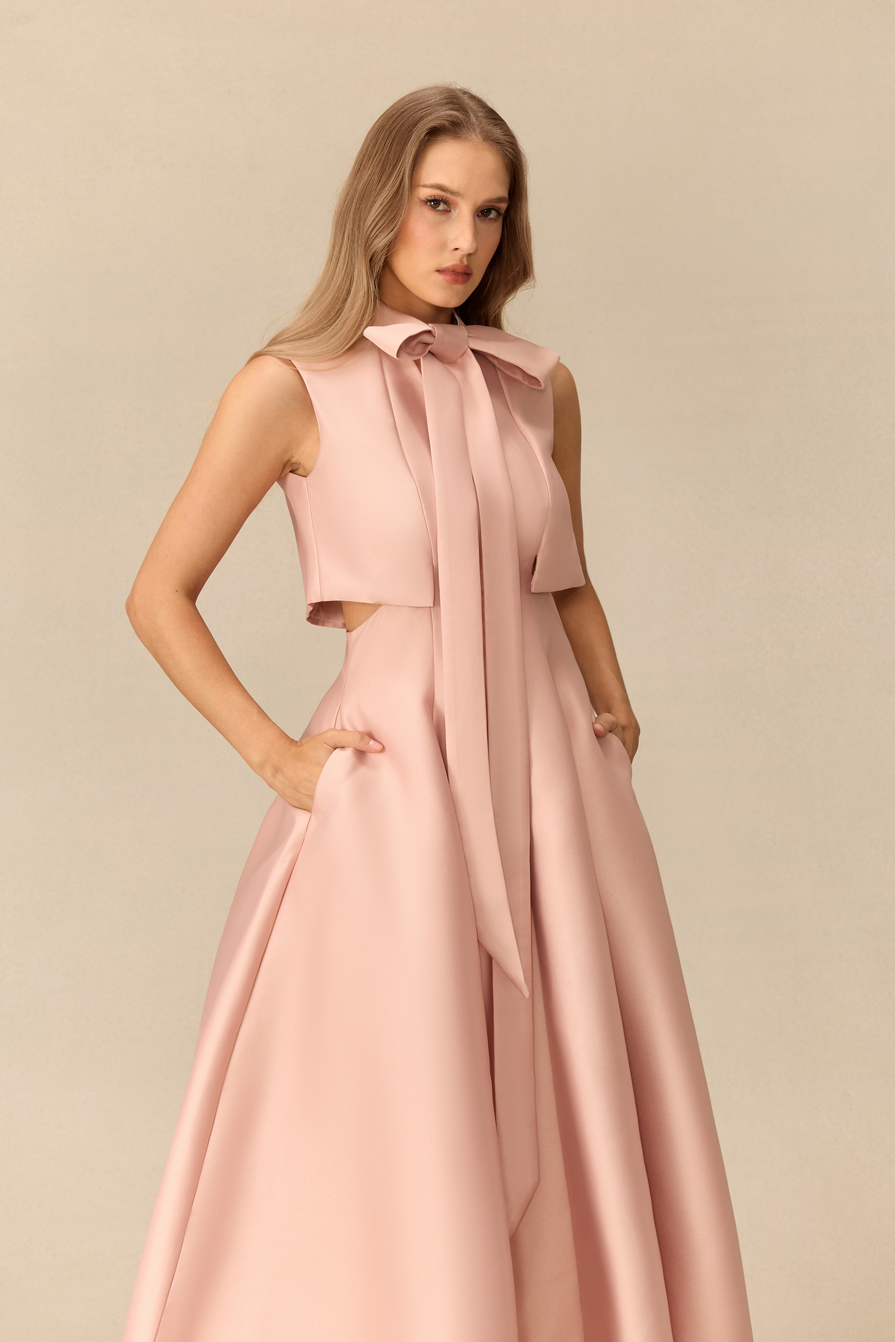 Heart Of The Moment Sleeveless Bow Neck Satin Maxi Dress