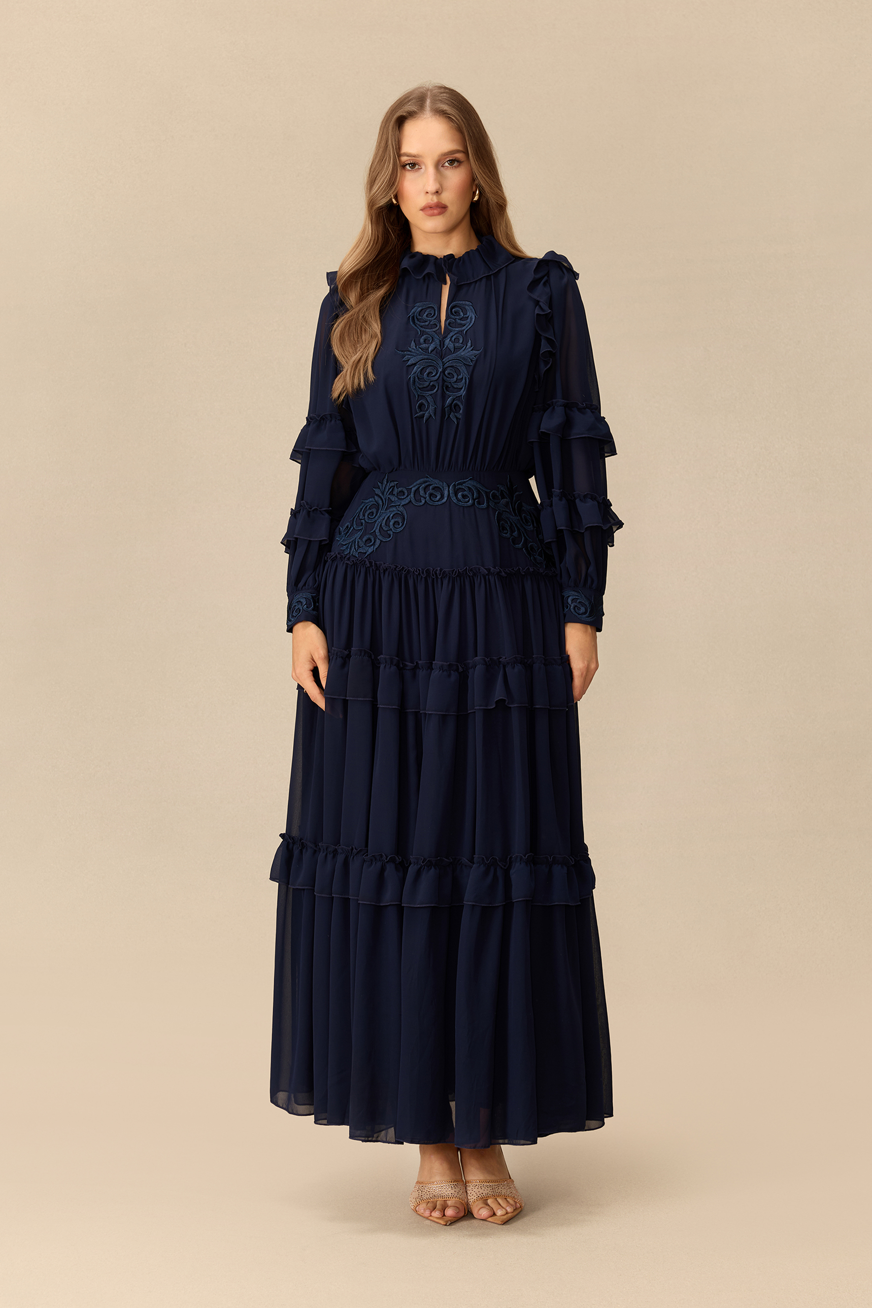Moonlit Serenade Floral Embroidery Tiered Maxi Dress