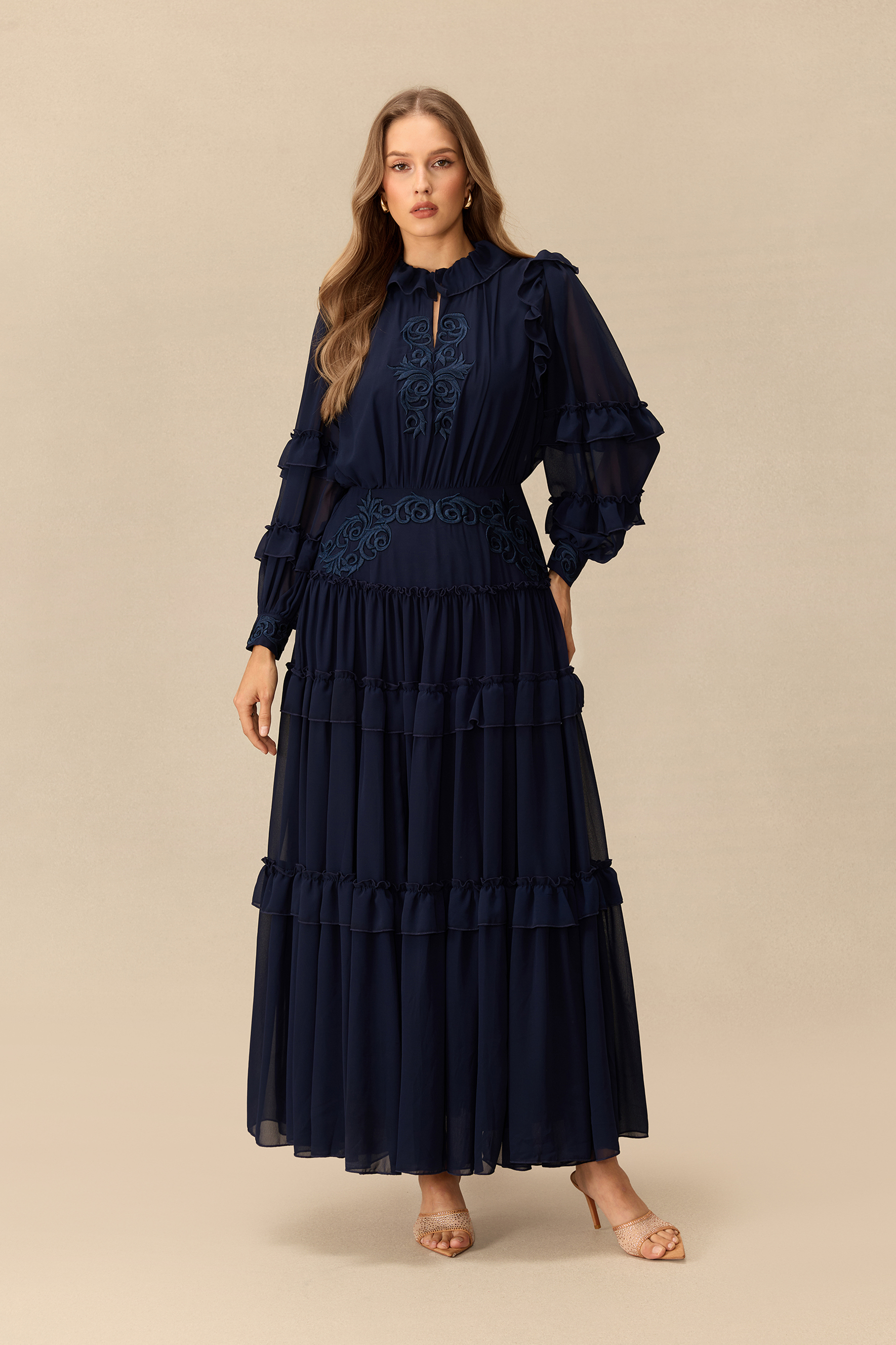 Moonlit Serenade Floral Embroidery Tiered Maxi Dress
