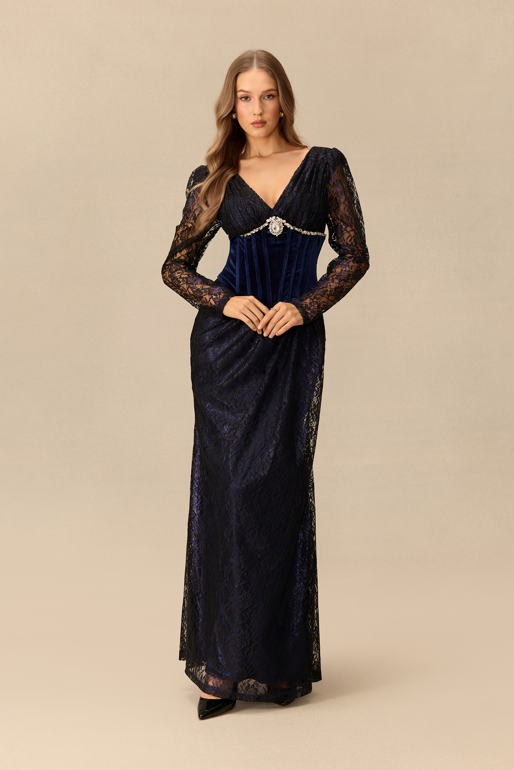 Tonight Only Embellished Sheer Sleeve Corset Maxi Dress