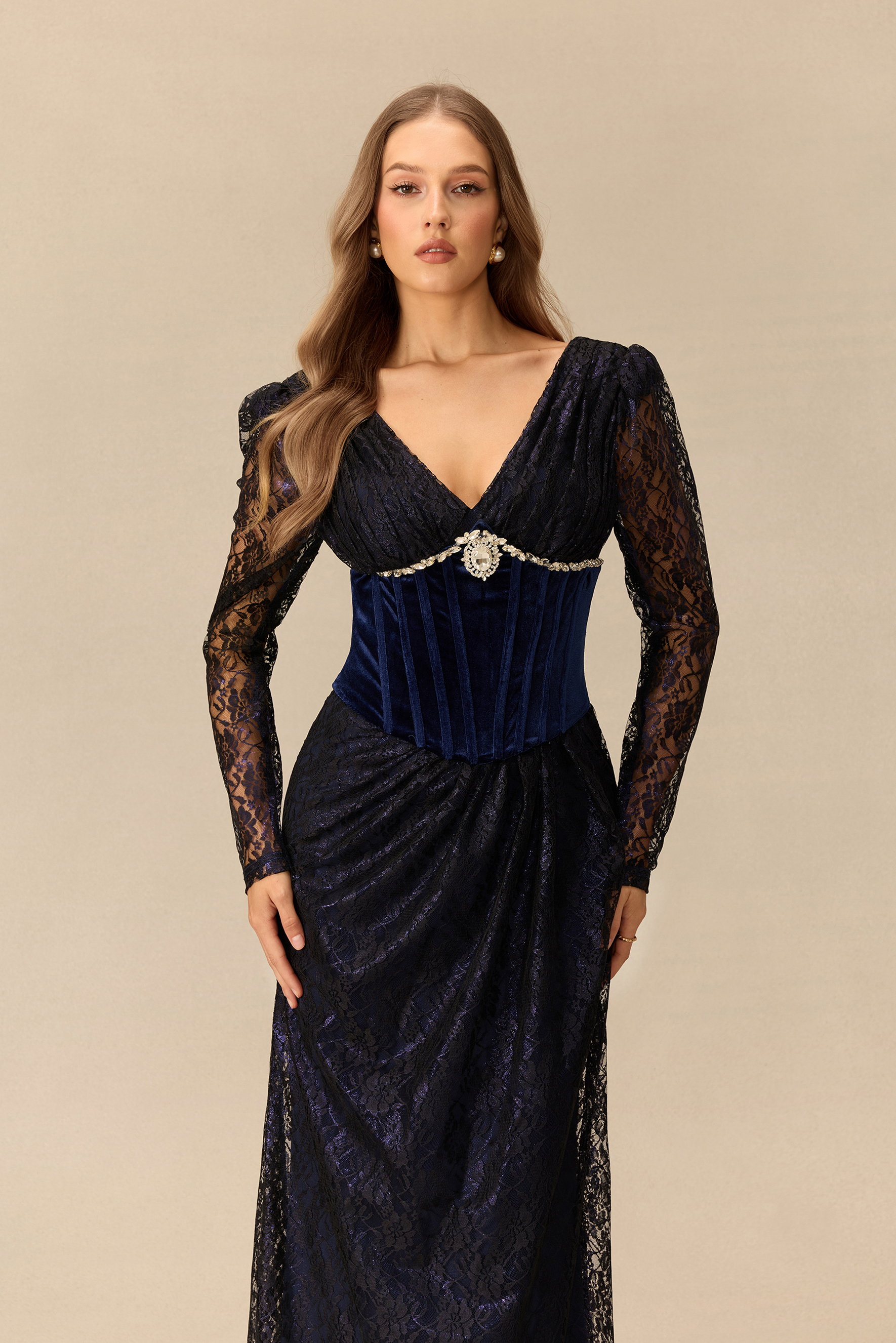 Tonight Only Embellished Sheer Sleeve Corset Maxi Dress