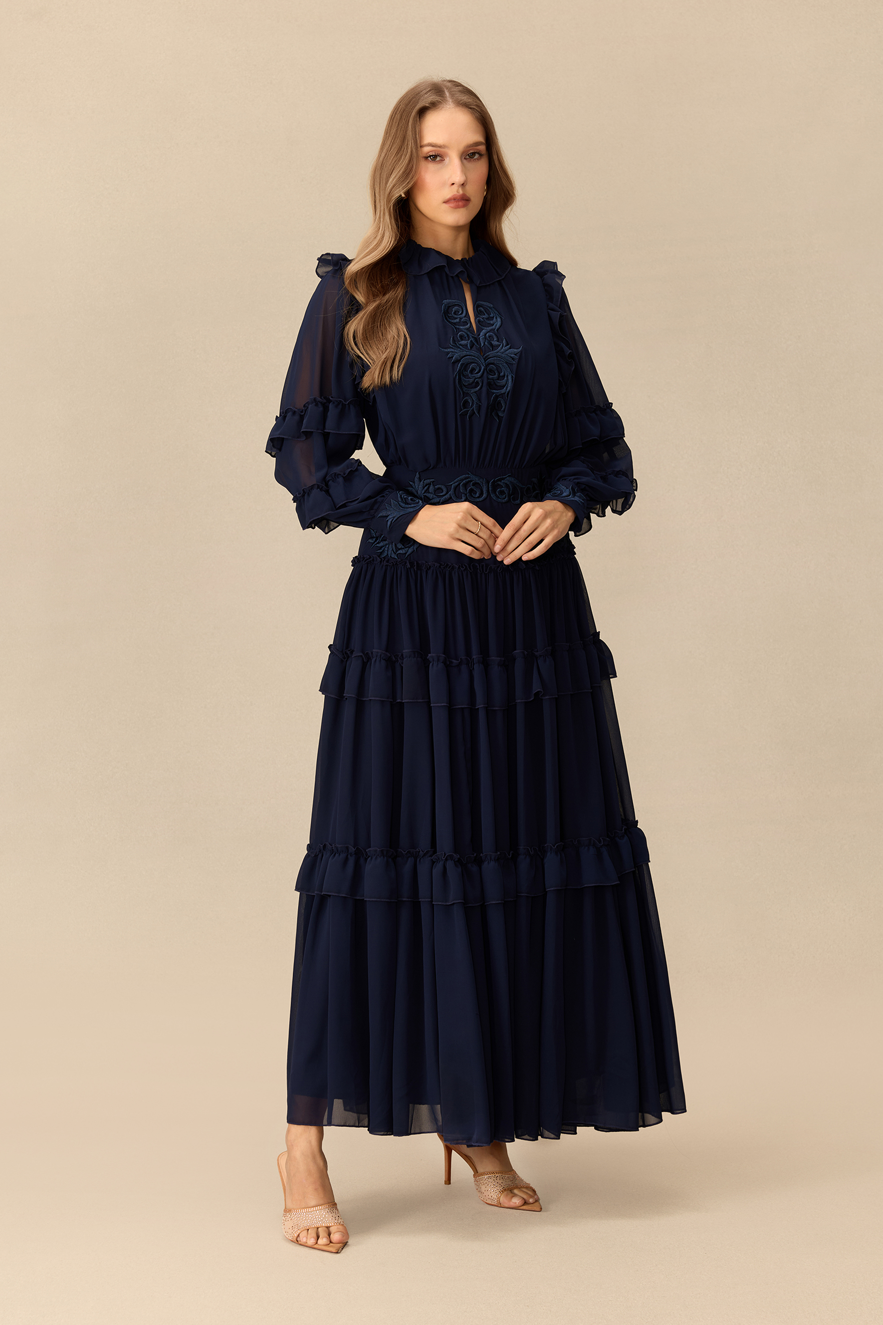 Moonlit Serenade Floral Embroidery Tiered Maxi Dress