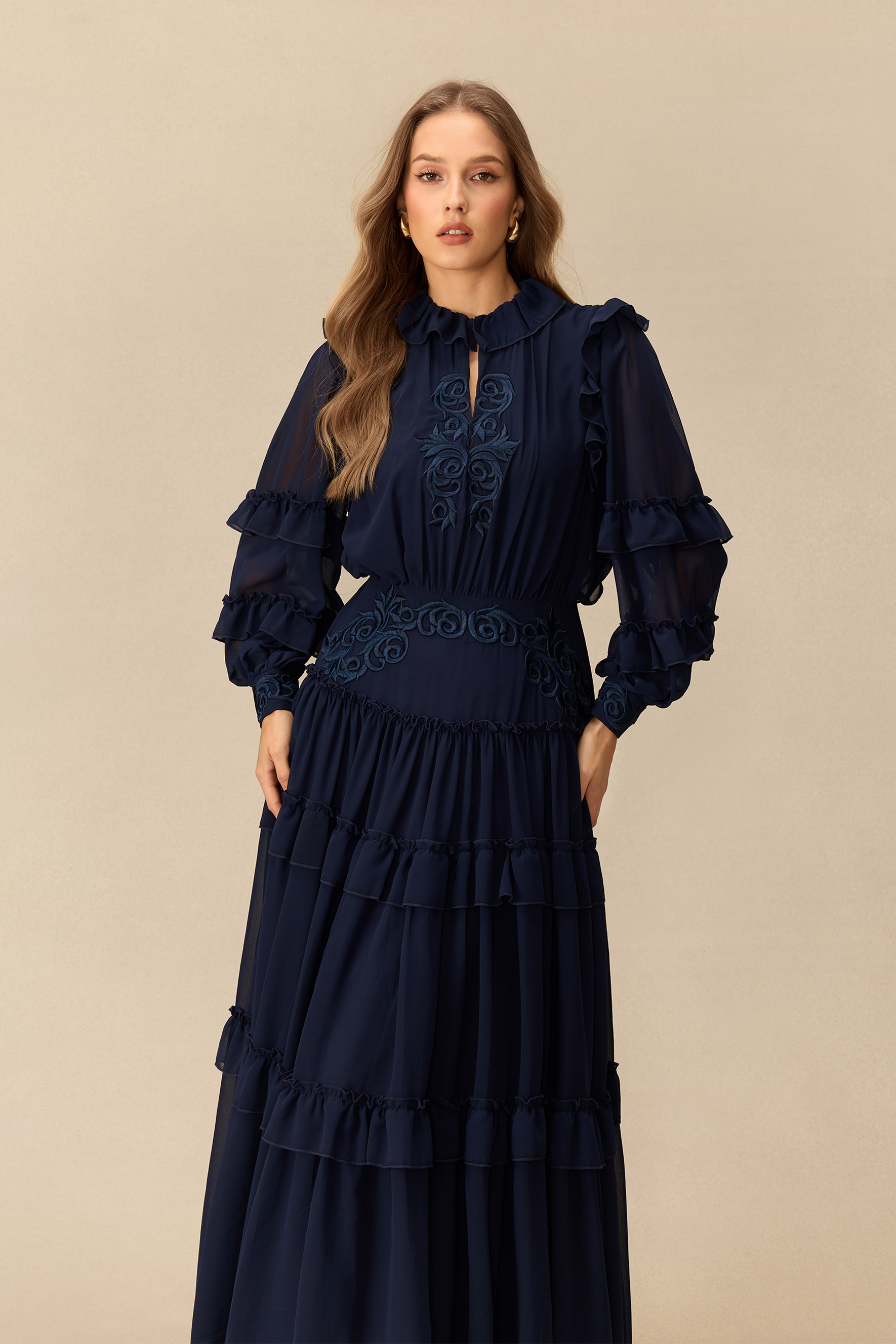 Moonlit Serenade Floral Embroidery Tiered Maxi Dress