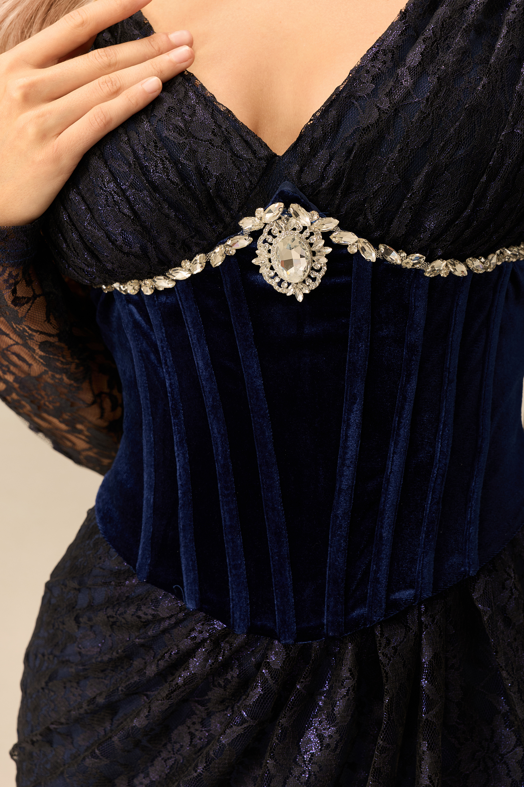 Tonight Only Embellished Sheer Sleeve Corset Maxi Dress