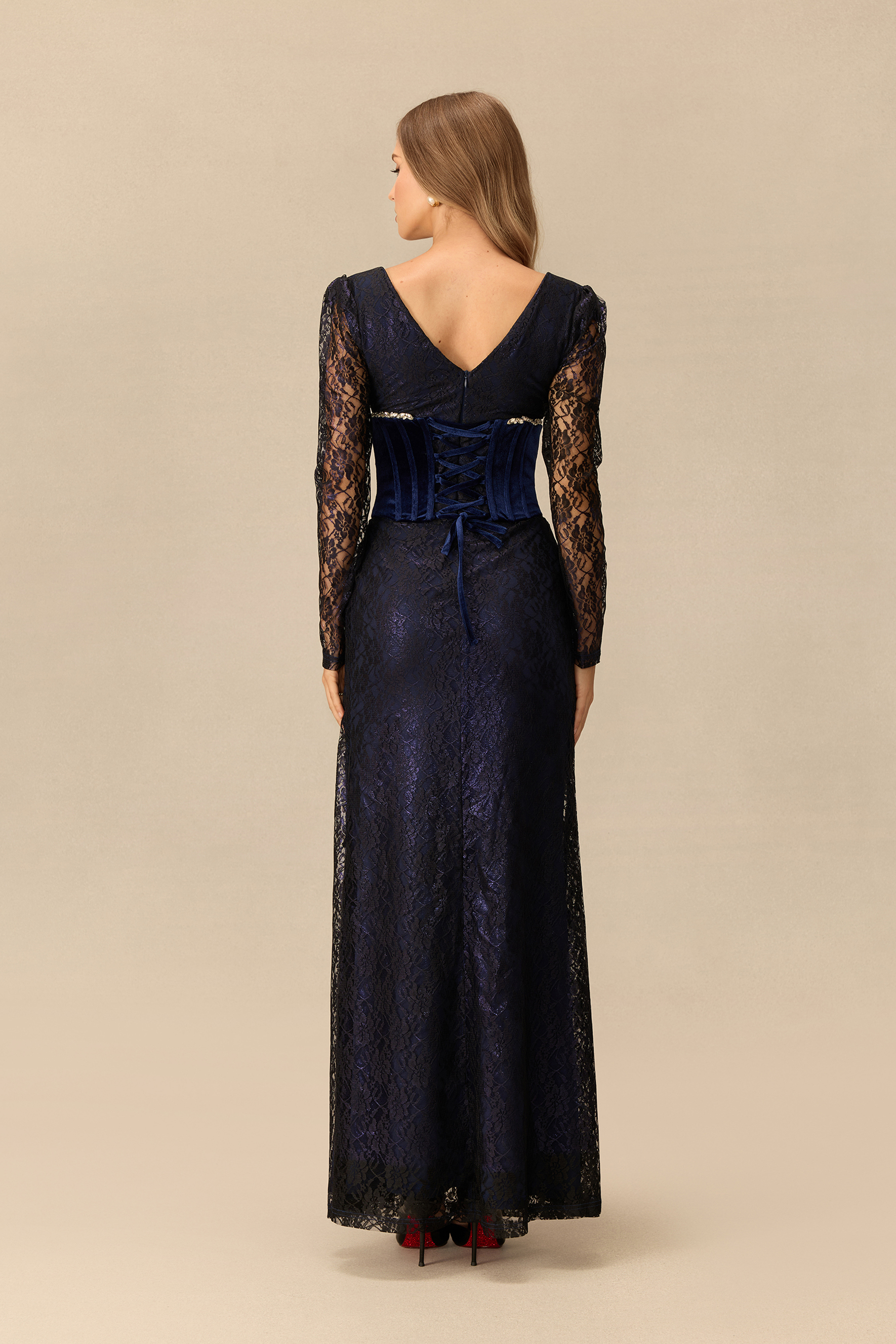 Tonight Only Embellished Sheer Sleeve Corset Maxi Dress