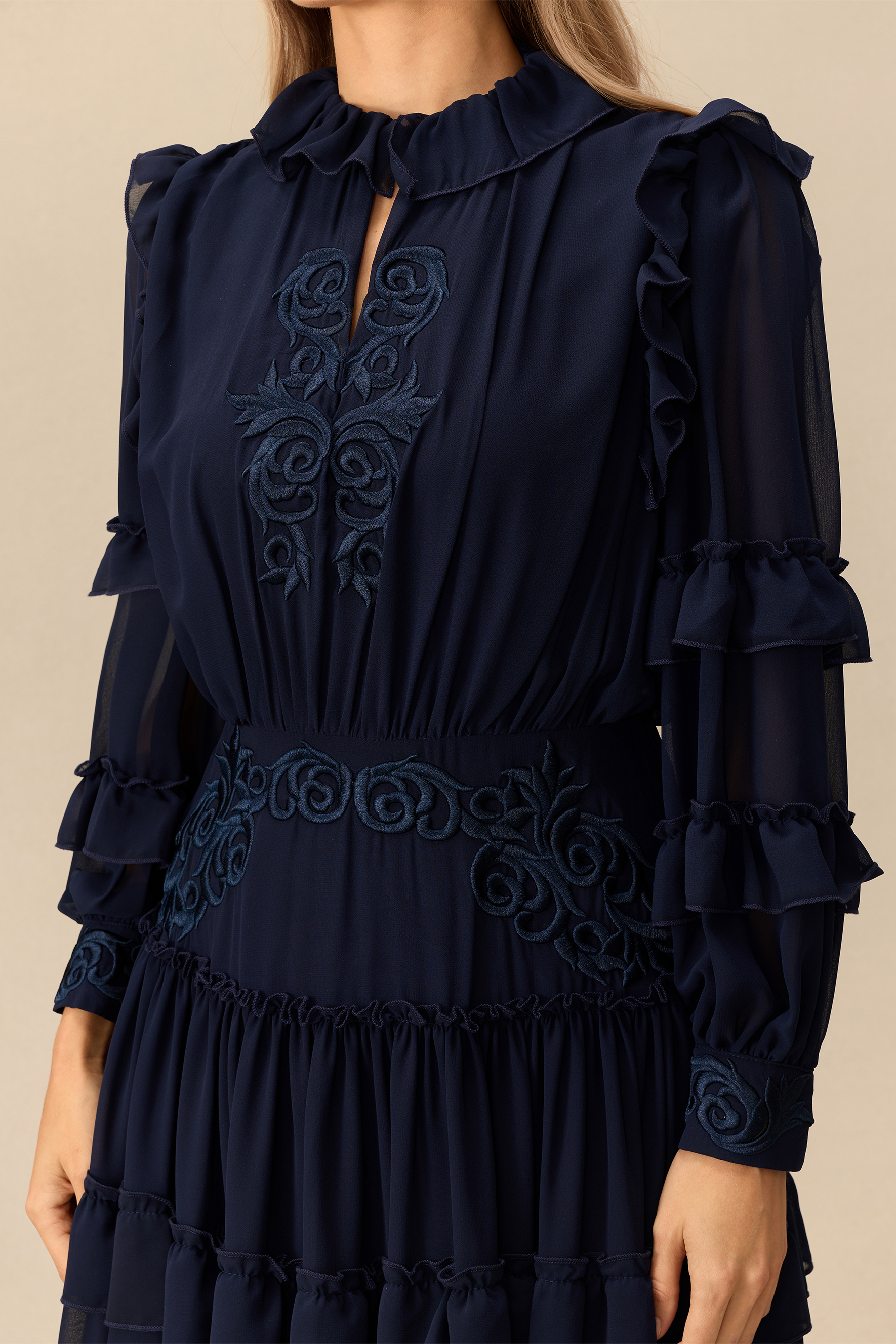 Moonlit Serenade Floral Embroidery Tiered Maxi Dress