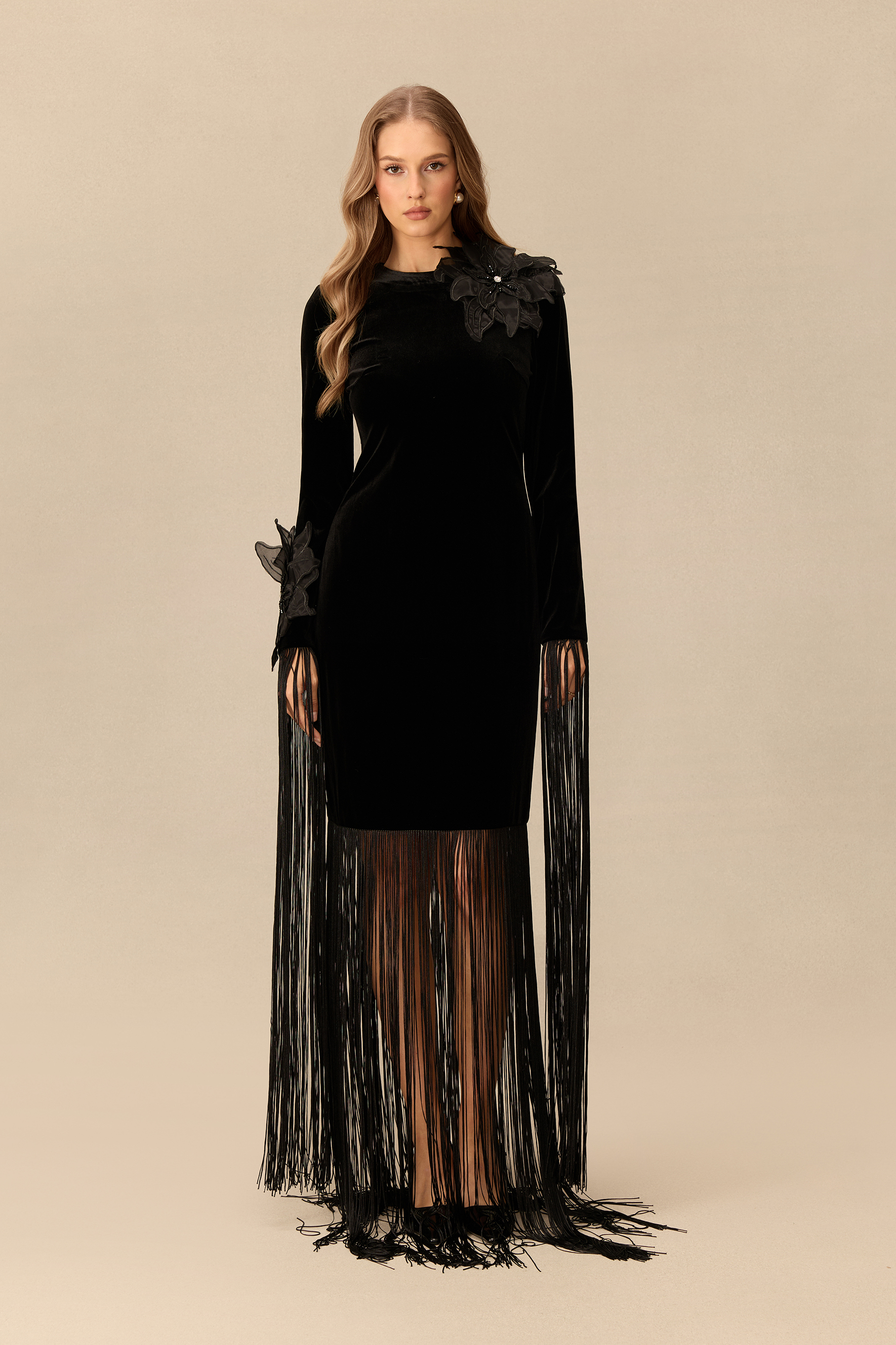 Remarkably Chic Floral Applique Fringe Velvet Maxi Dress