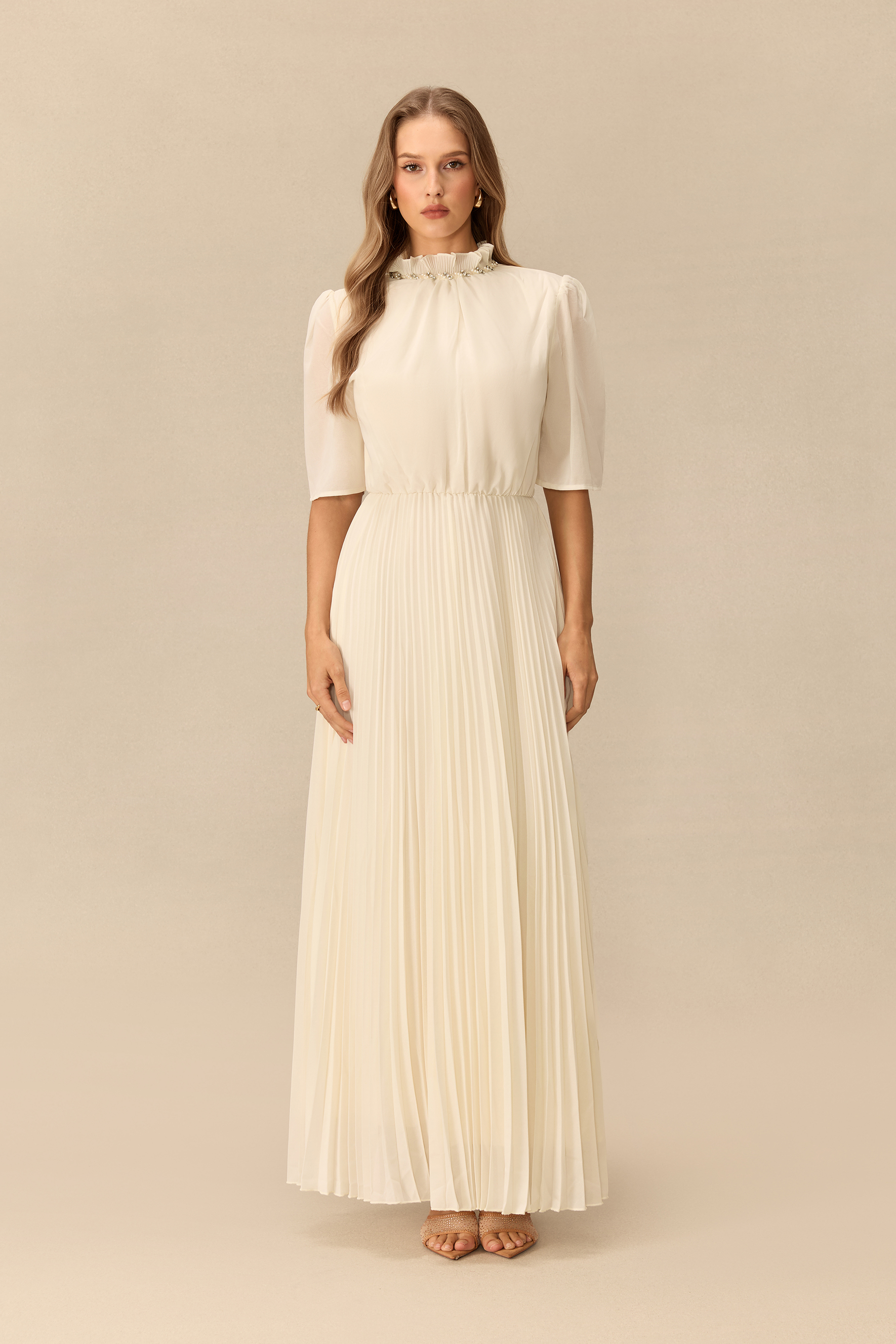 Modest Glamour Embellished Cropped Jacket & Pleated Dress Set