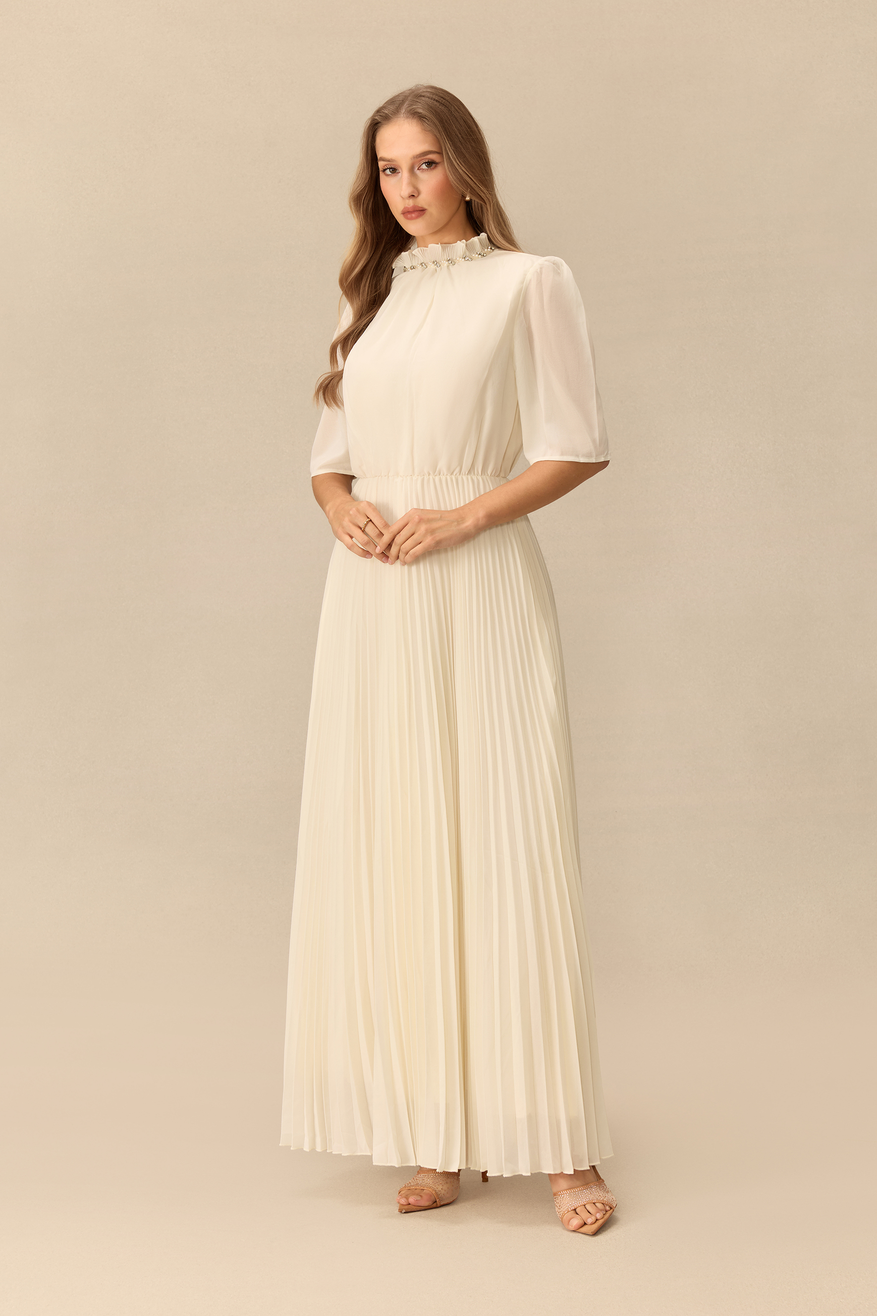 Modest Glamour Embellished Cropped Jacket & Pleated Dress Set