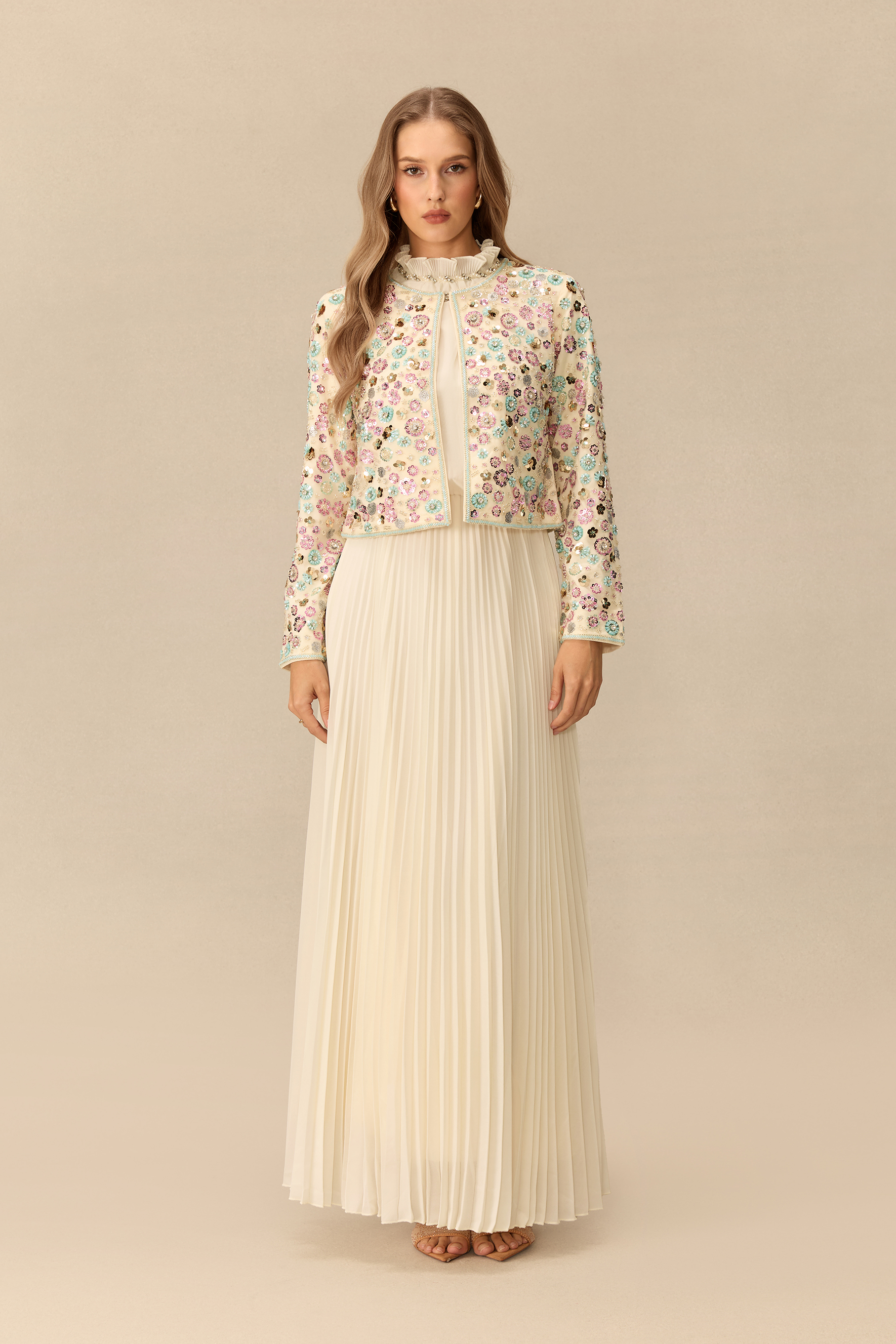 Modest Glamour Embellished Cropped Jacket & Pleated Dress Set