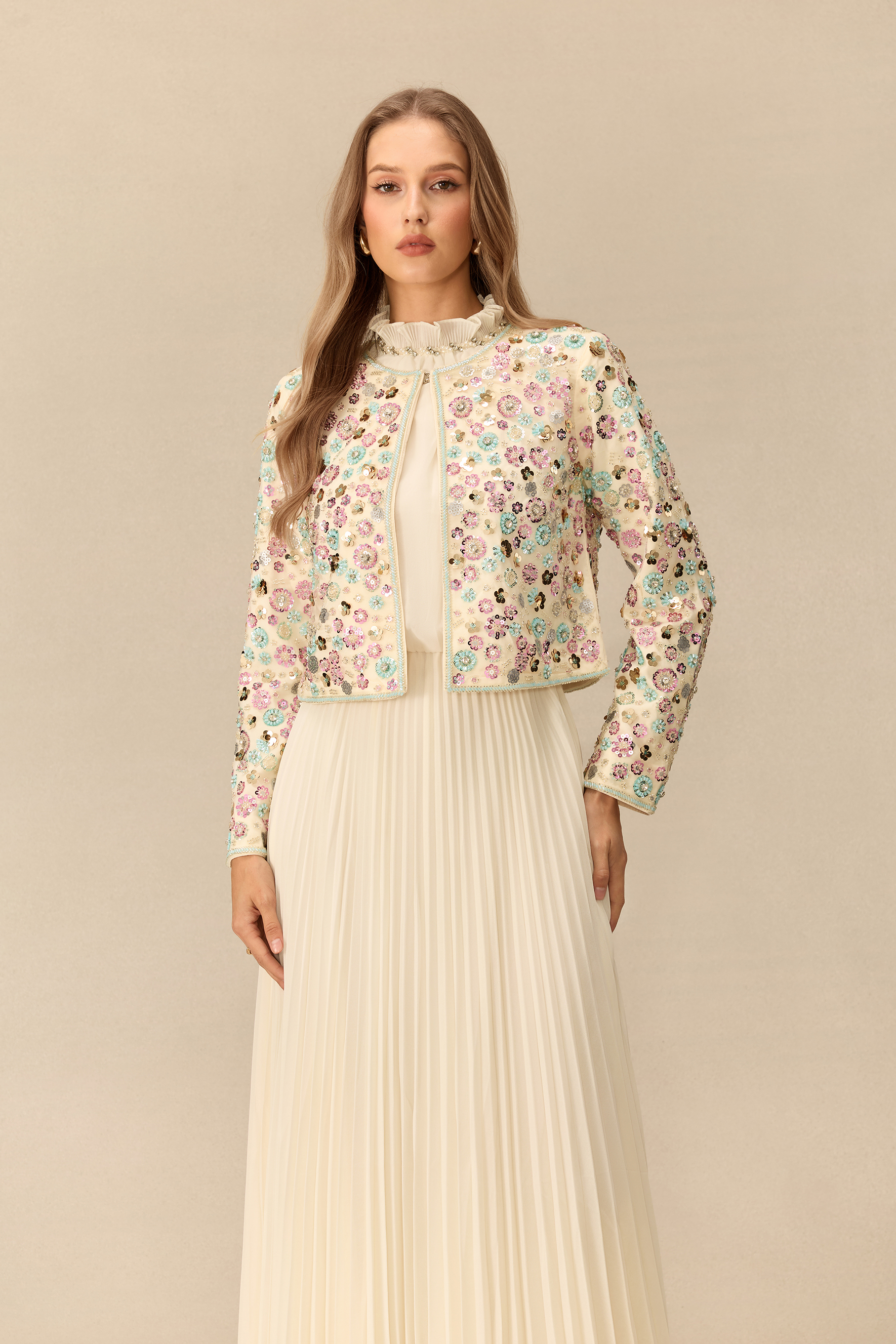 Modest Glamour Embellished Cropped Jacket & Pleated Dress Set