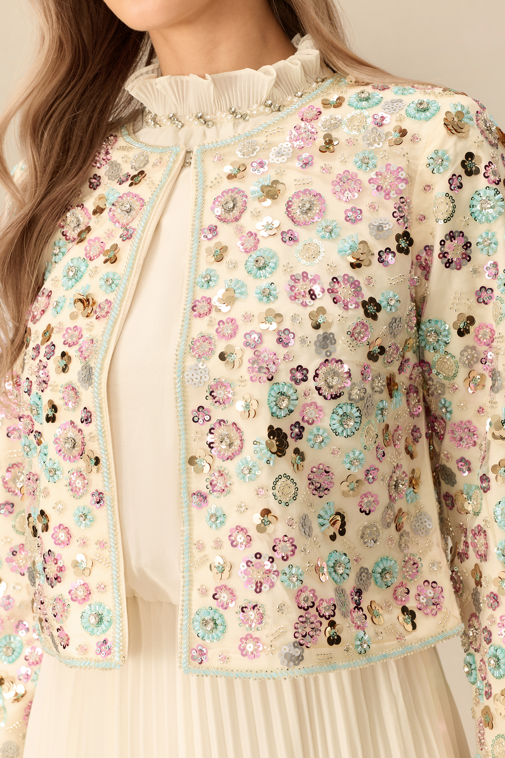 Modest Glamour Embellished Cropped Jacket & Pleated Dress Set