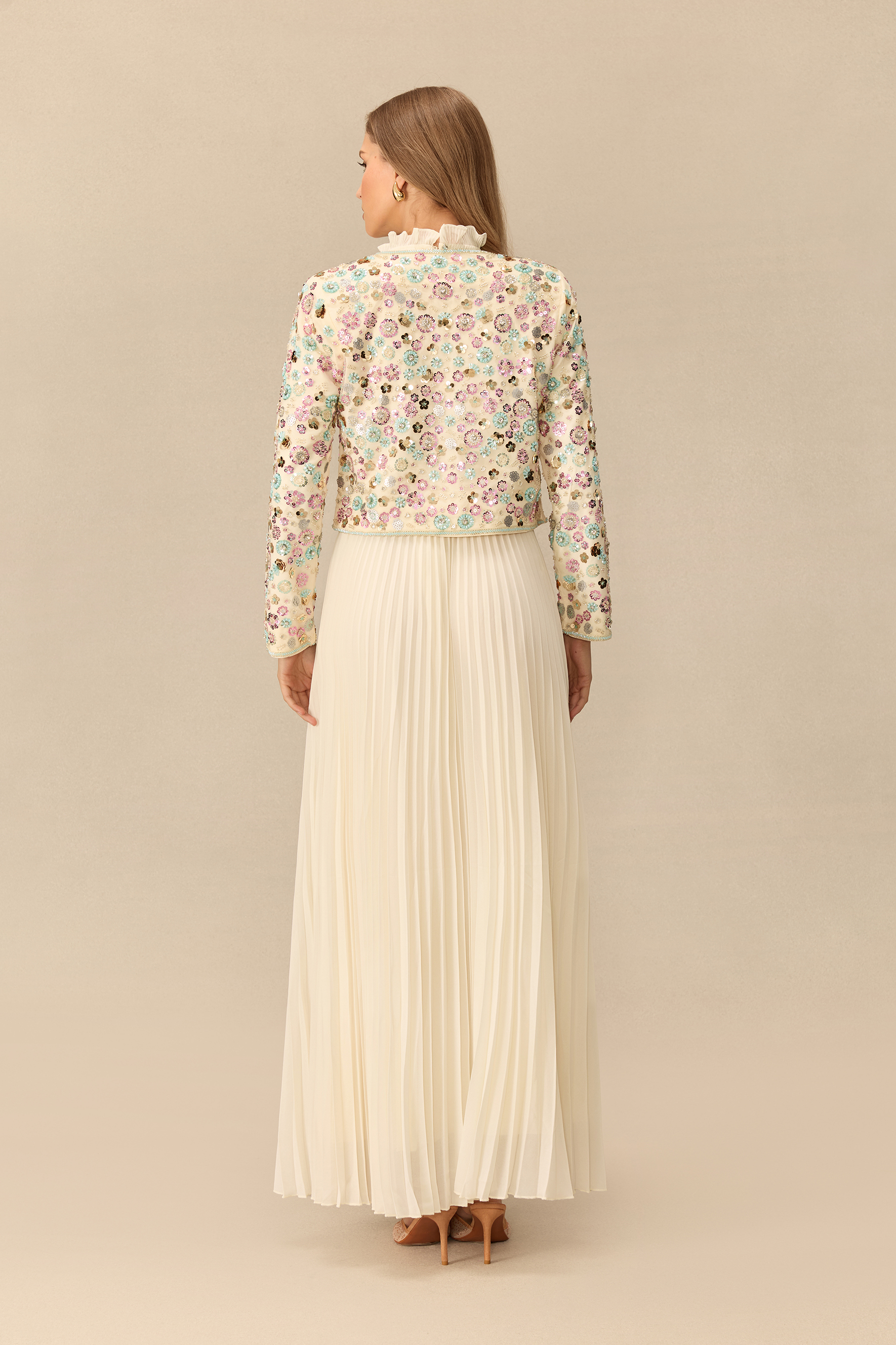 Modest Glamour Embellished Cropped Jacket & Pleated Dress Set