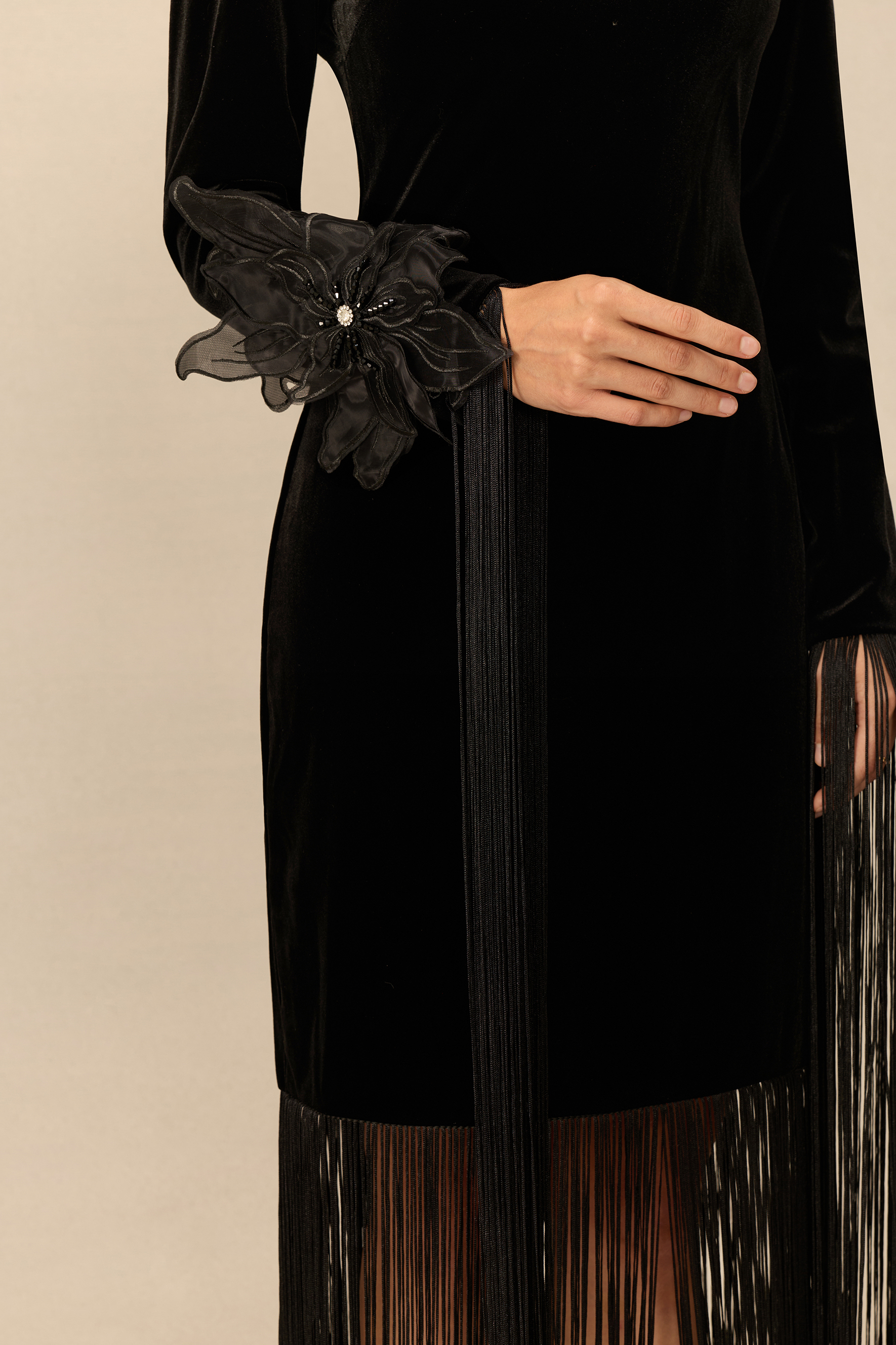 Remarkably Chic Floral Applique Fringe Velvet Maxi Dress