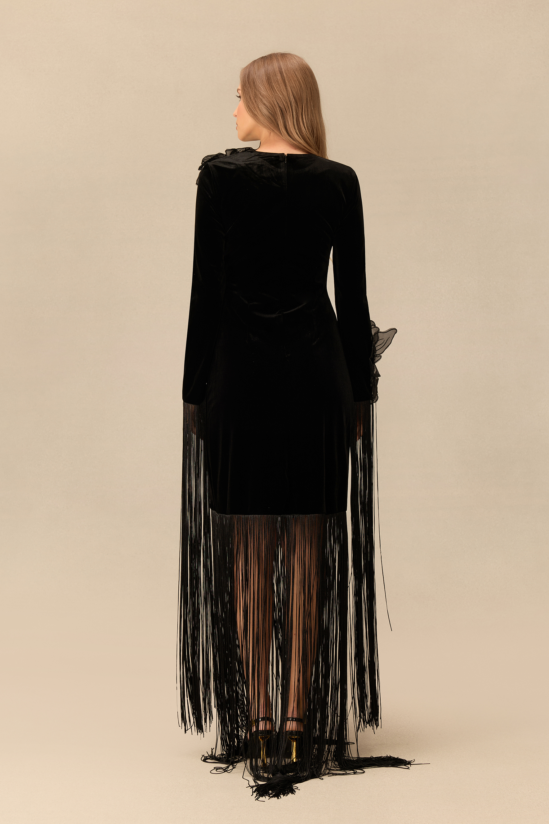 Remarkably Chic Floral Applique Fringe Velvet Maxi Dress