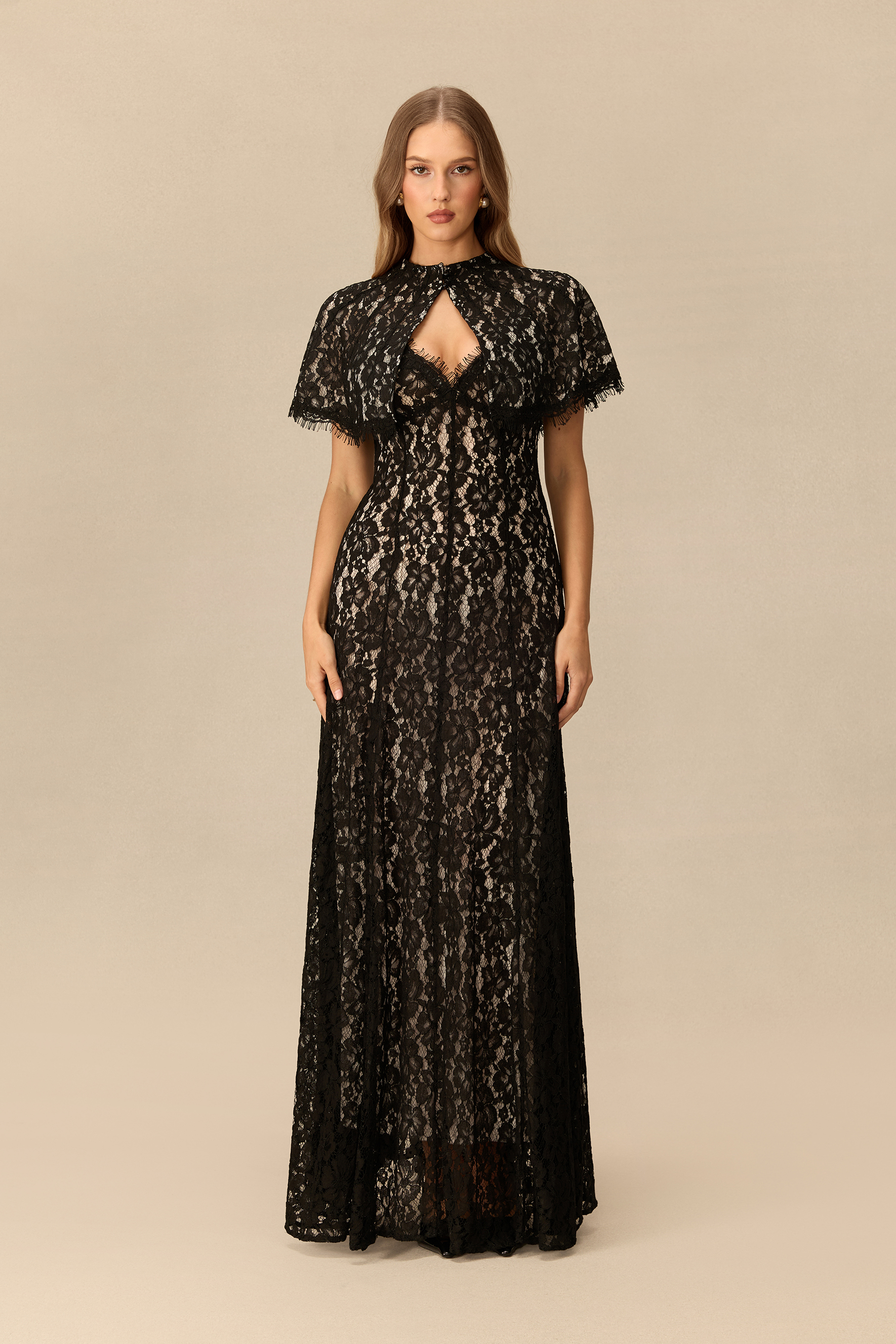 Make An Entrance Floral Lace Maxi Dress With Cape