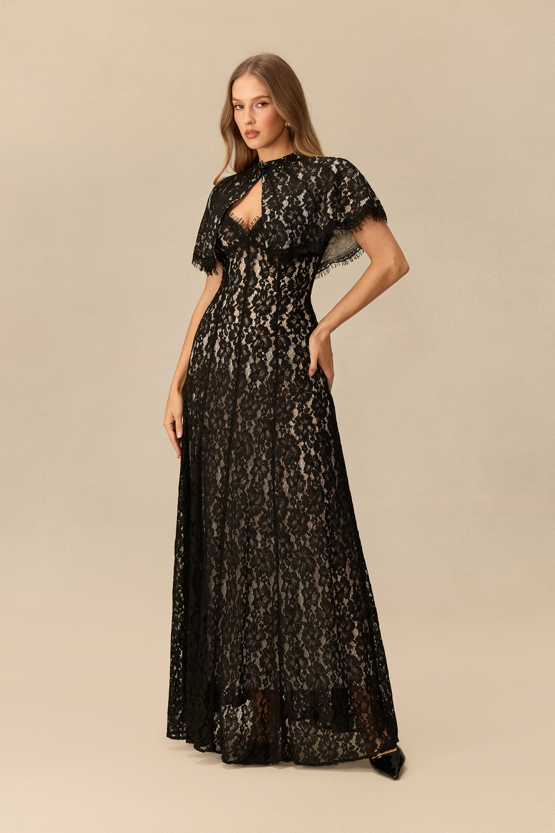 Make An Entrance Floral Lace Maxi Dress With Cape