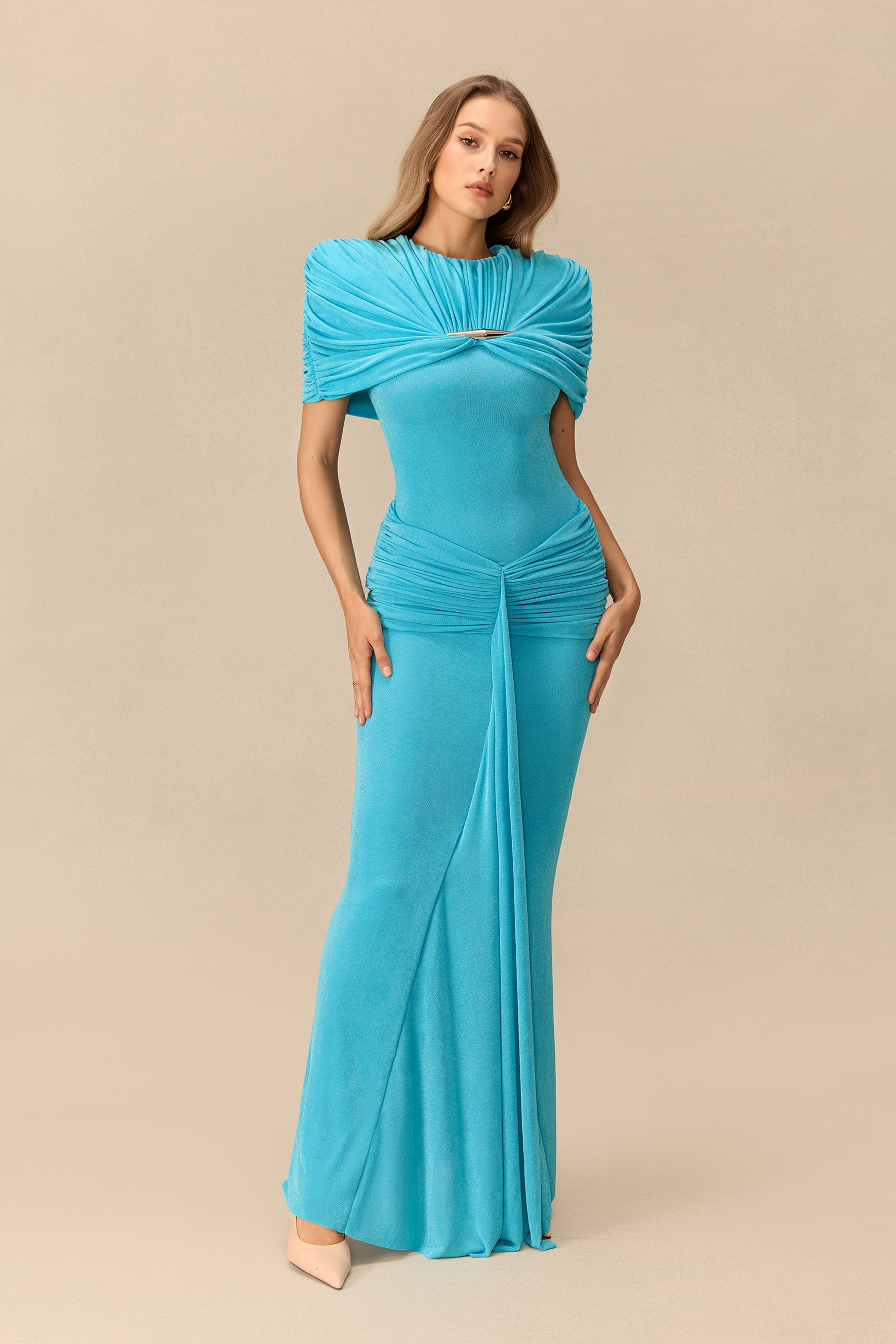 The Showstopper Short Sleeve Ruched Knit Maxi Dress