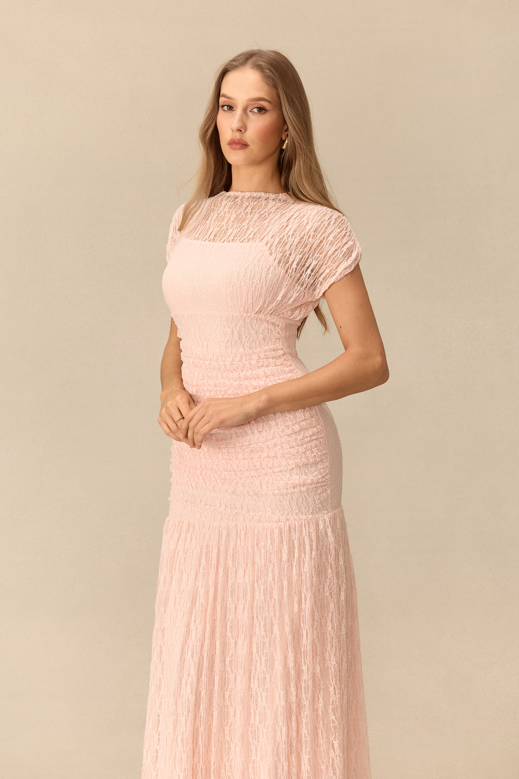 Charmed Life Cap Sleeve Ruched Lace Maxi Dress