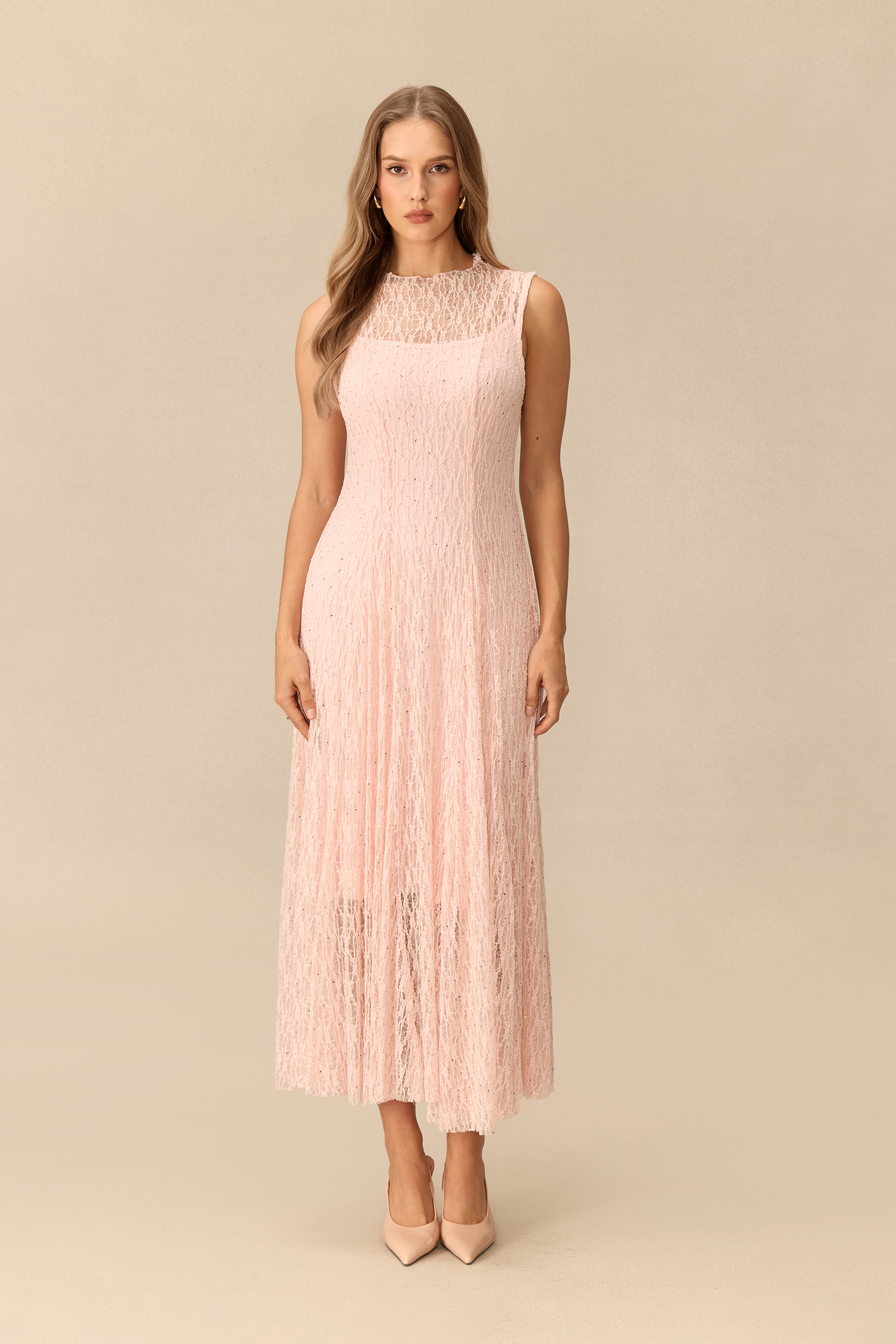 Quiet Moment Pink Rhinestone Embellished Semi-sheer Maxi Dress
