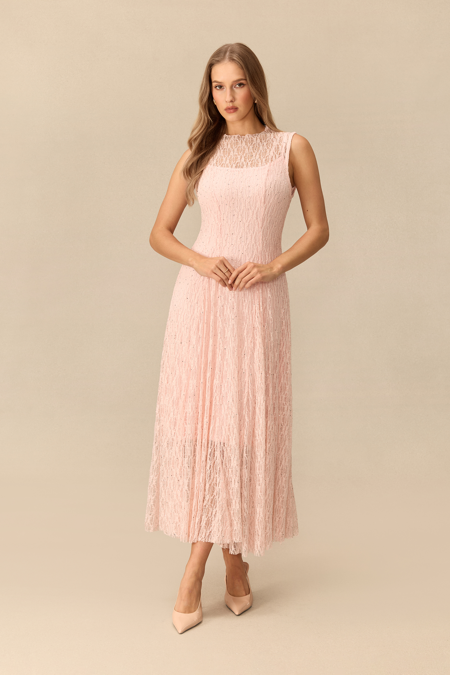 Quiet Moment Pink Rhinestone Embellished Semi-sheer Maxi Dress