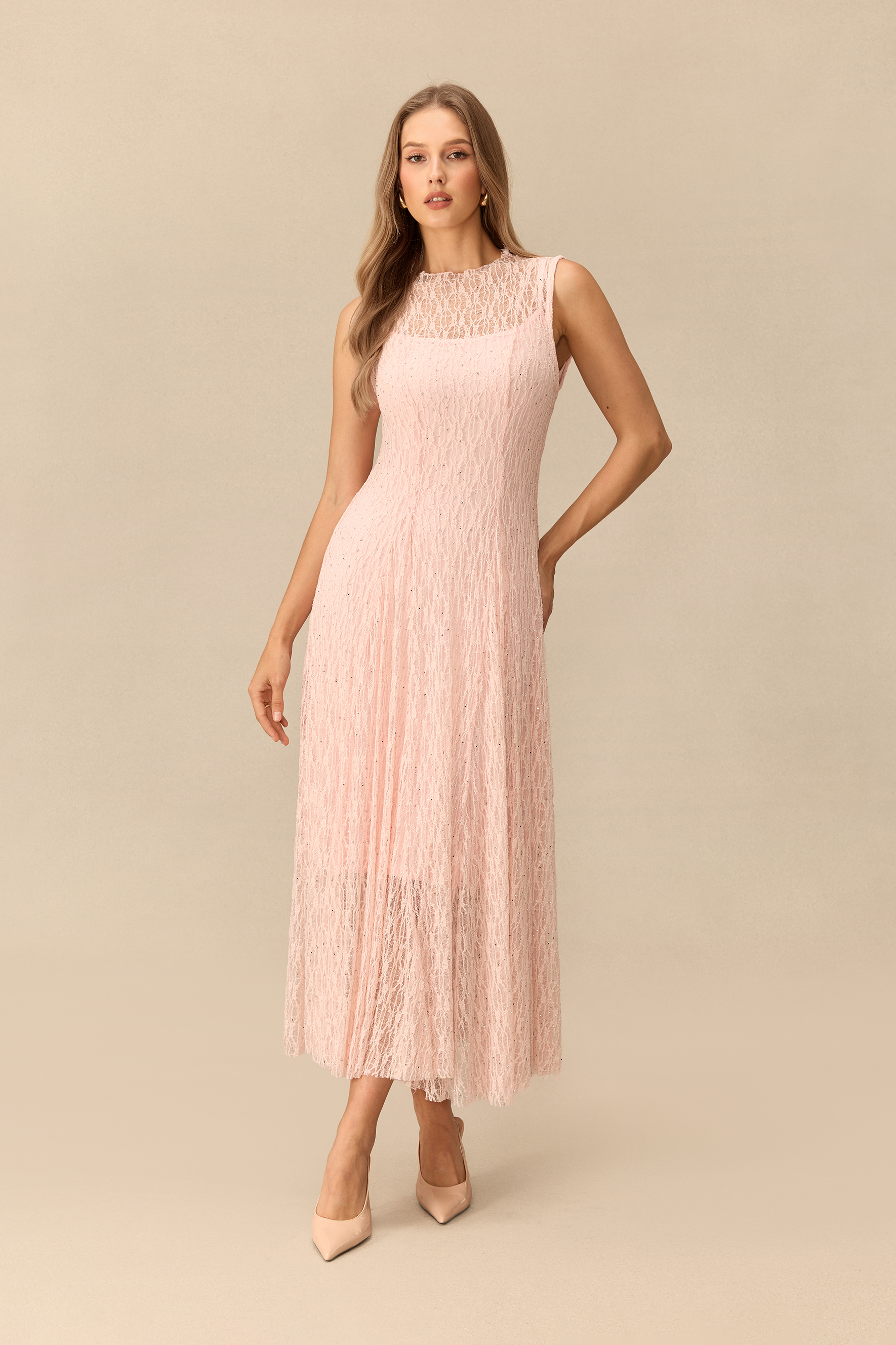 Quiet Moment Pink Rhinestone Embellished Semi-sheer Maxi Dress