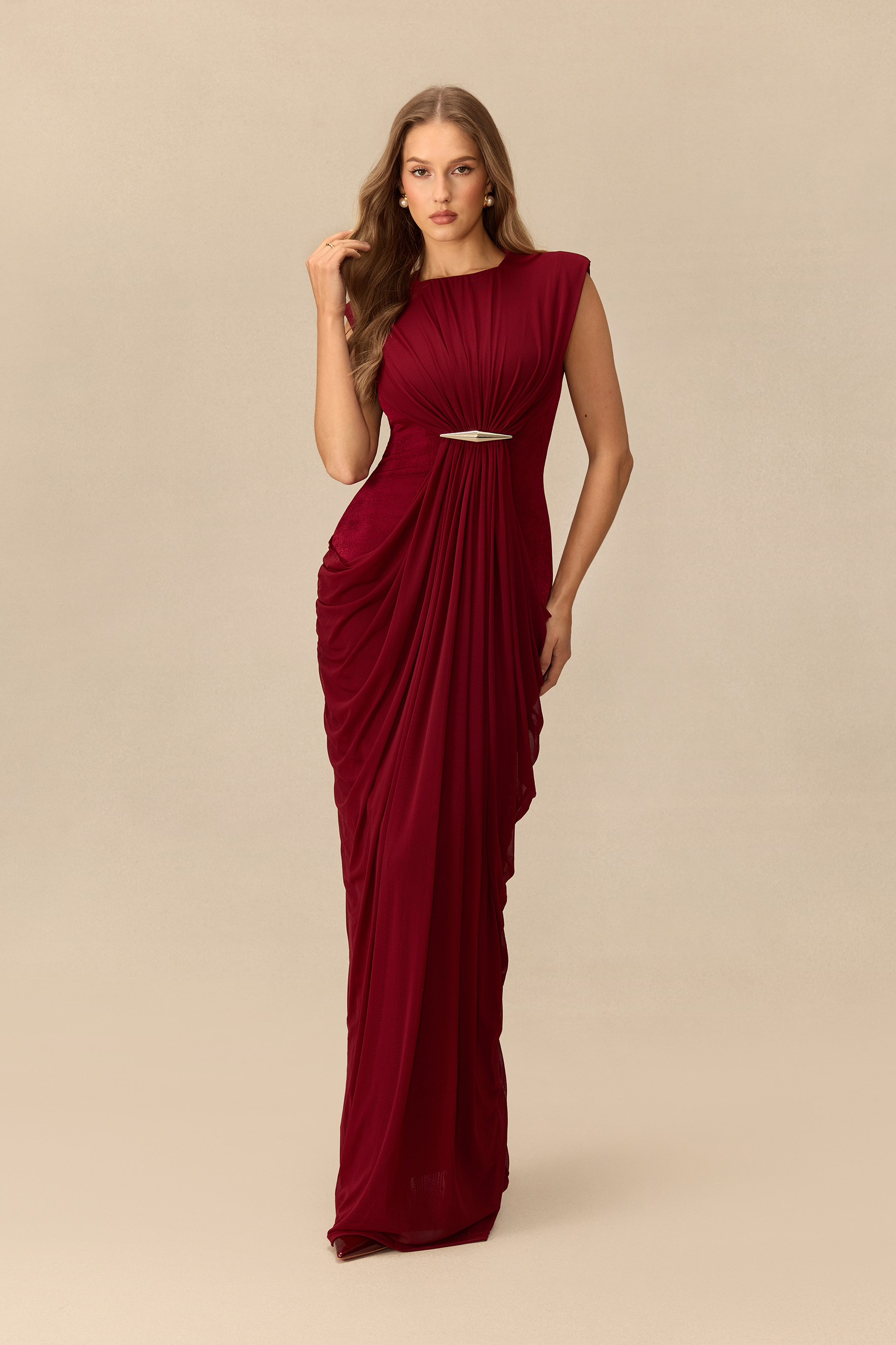 Irresistible Poise Metal Accent Draped Knit Maxi Dress