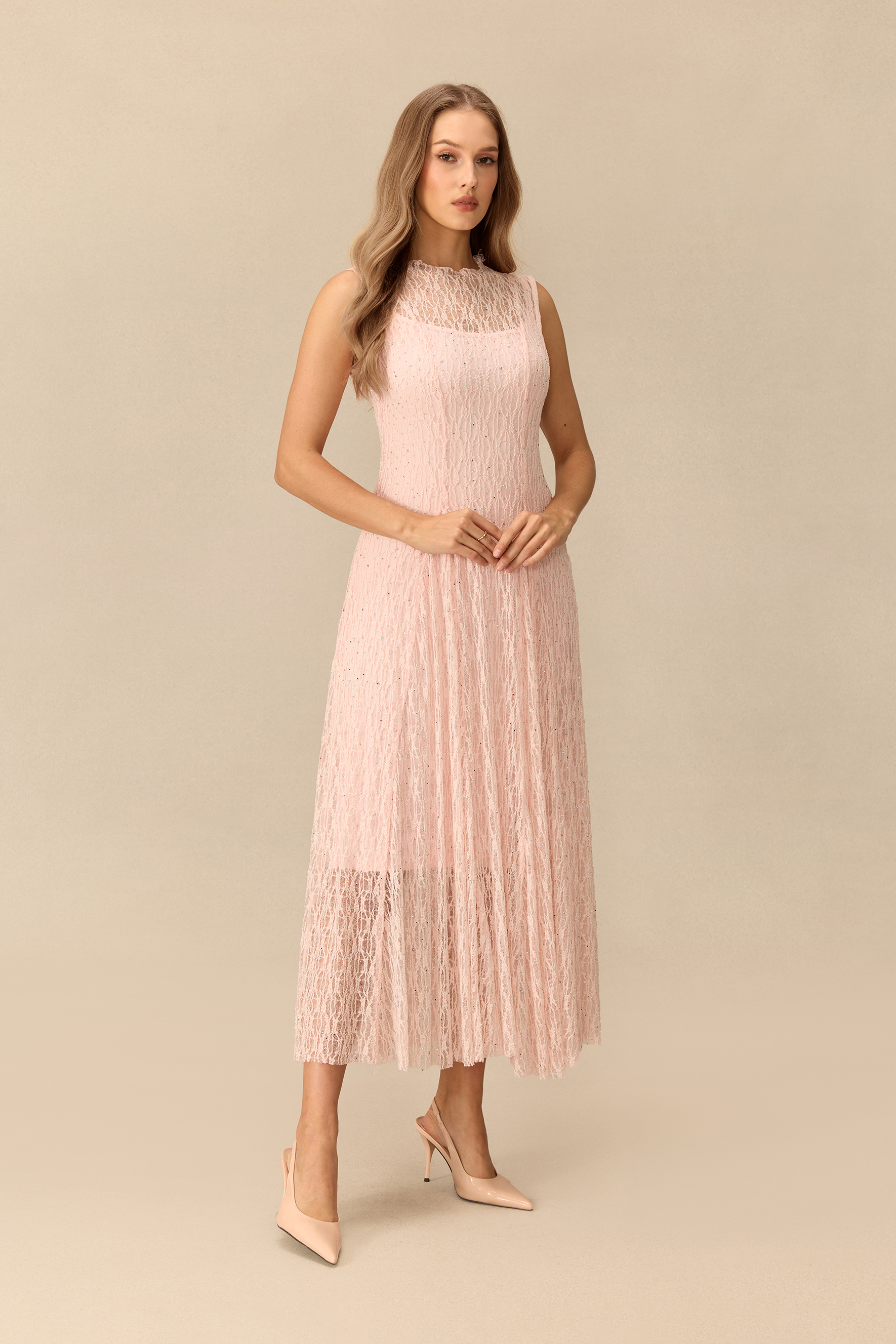 Quiet Moment Pink Rhinestone Embellished Semi-sheer Maxi Dress
