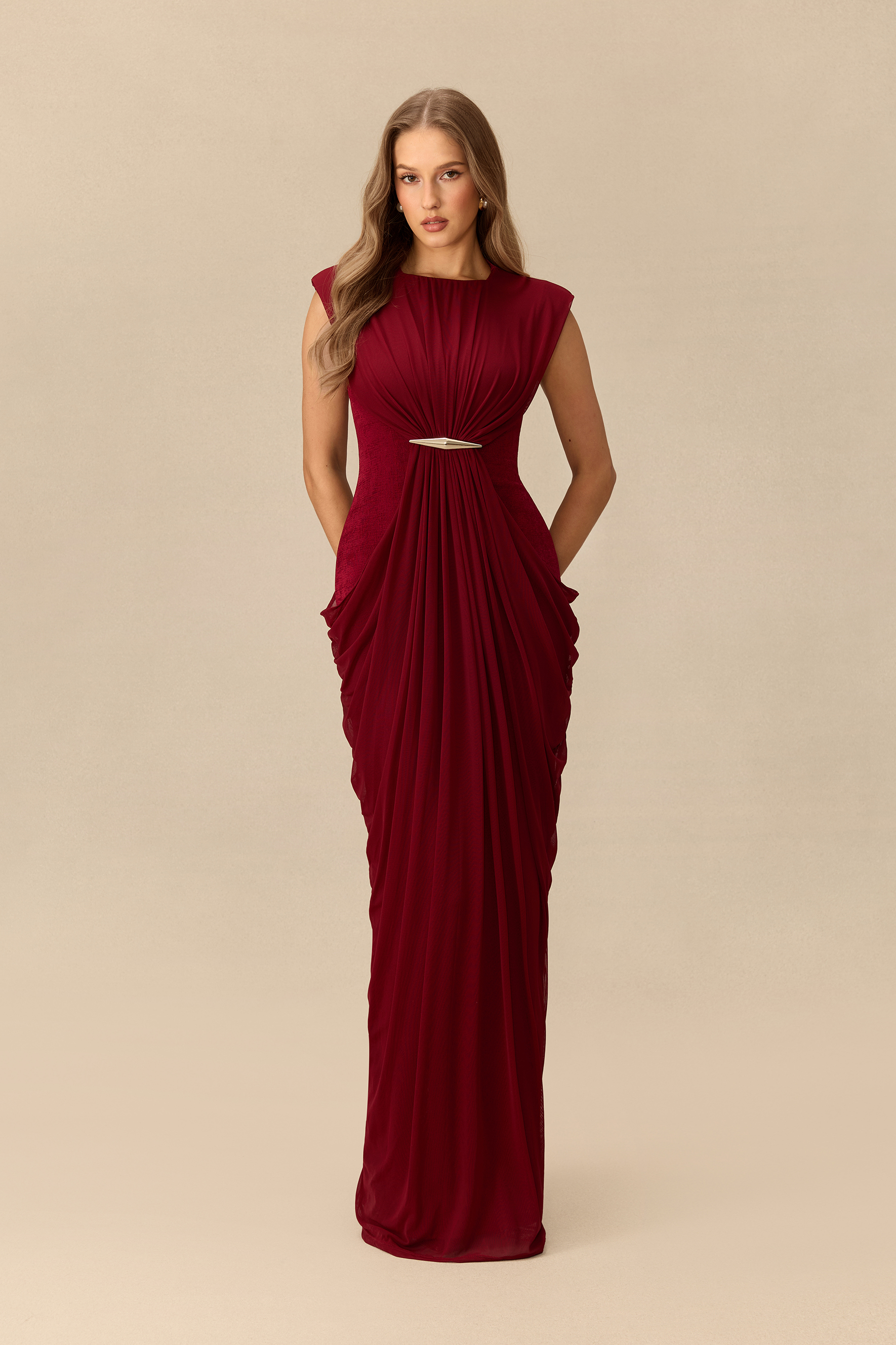 Irresistible Poise Metal Accent Draped Knit Maxi Dress