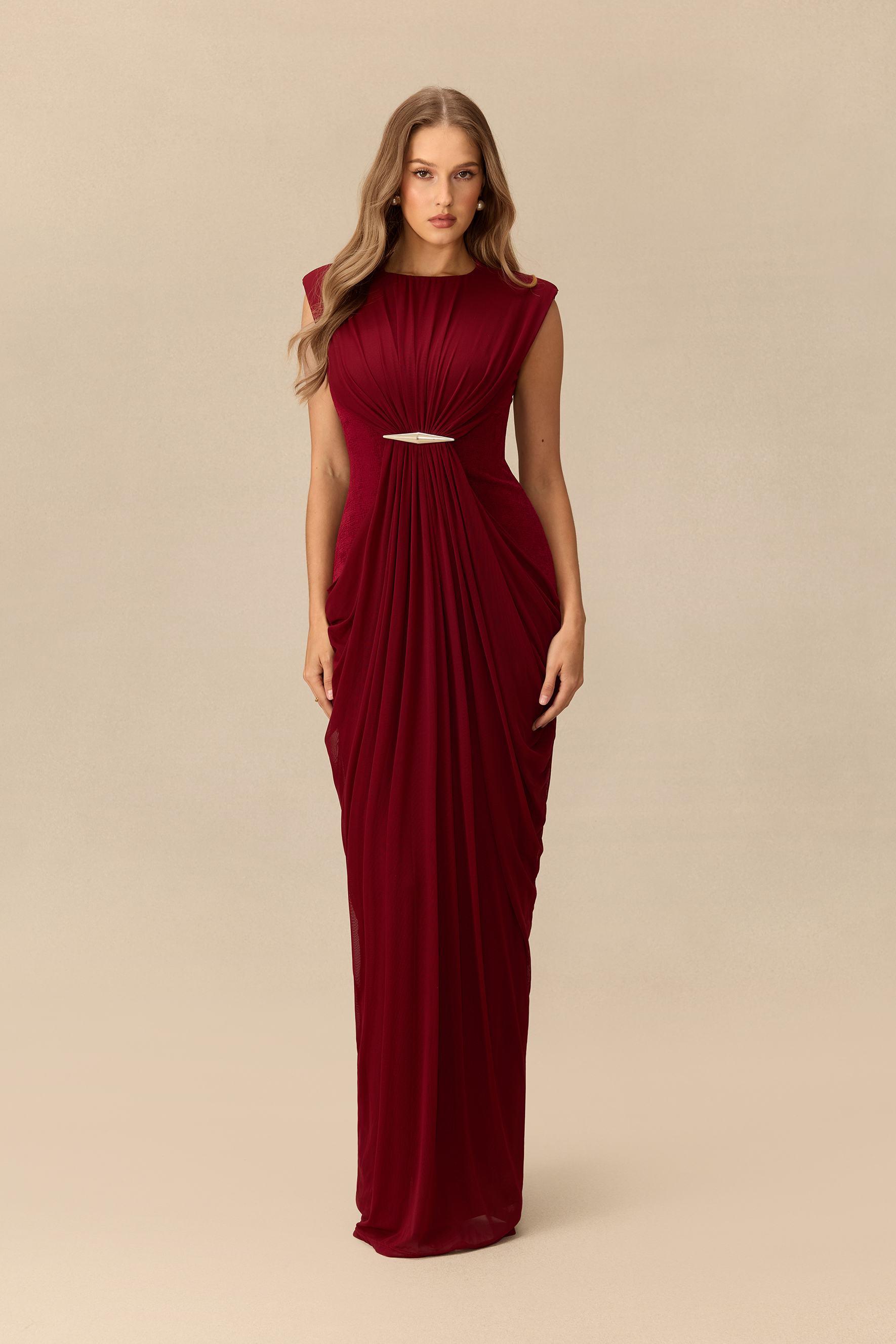 Irresistible Poise Metal Accent Draped Knit Maxi Dress