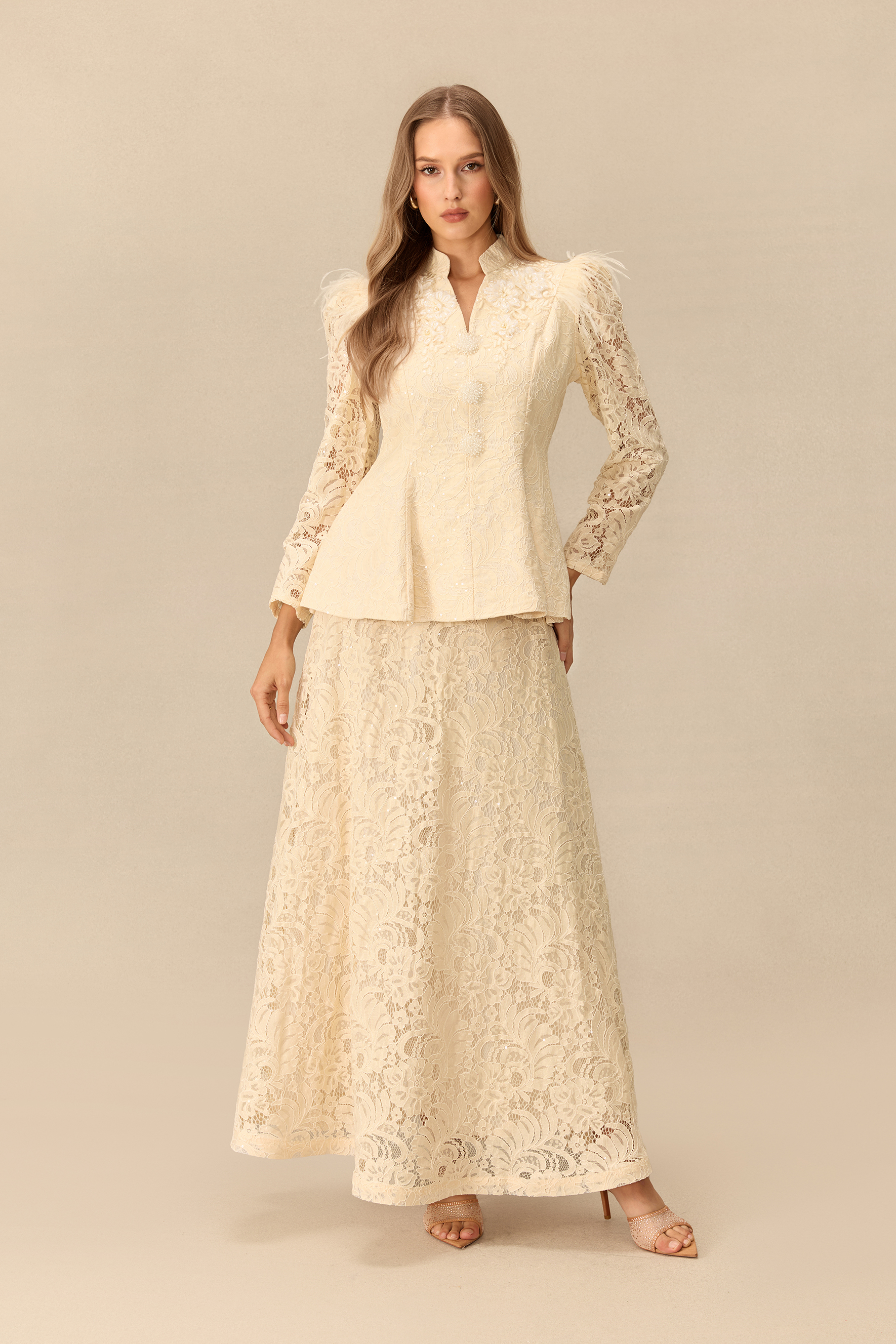 Made For The Moment Feather Shoulder Jacket & Lace Skirt Set