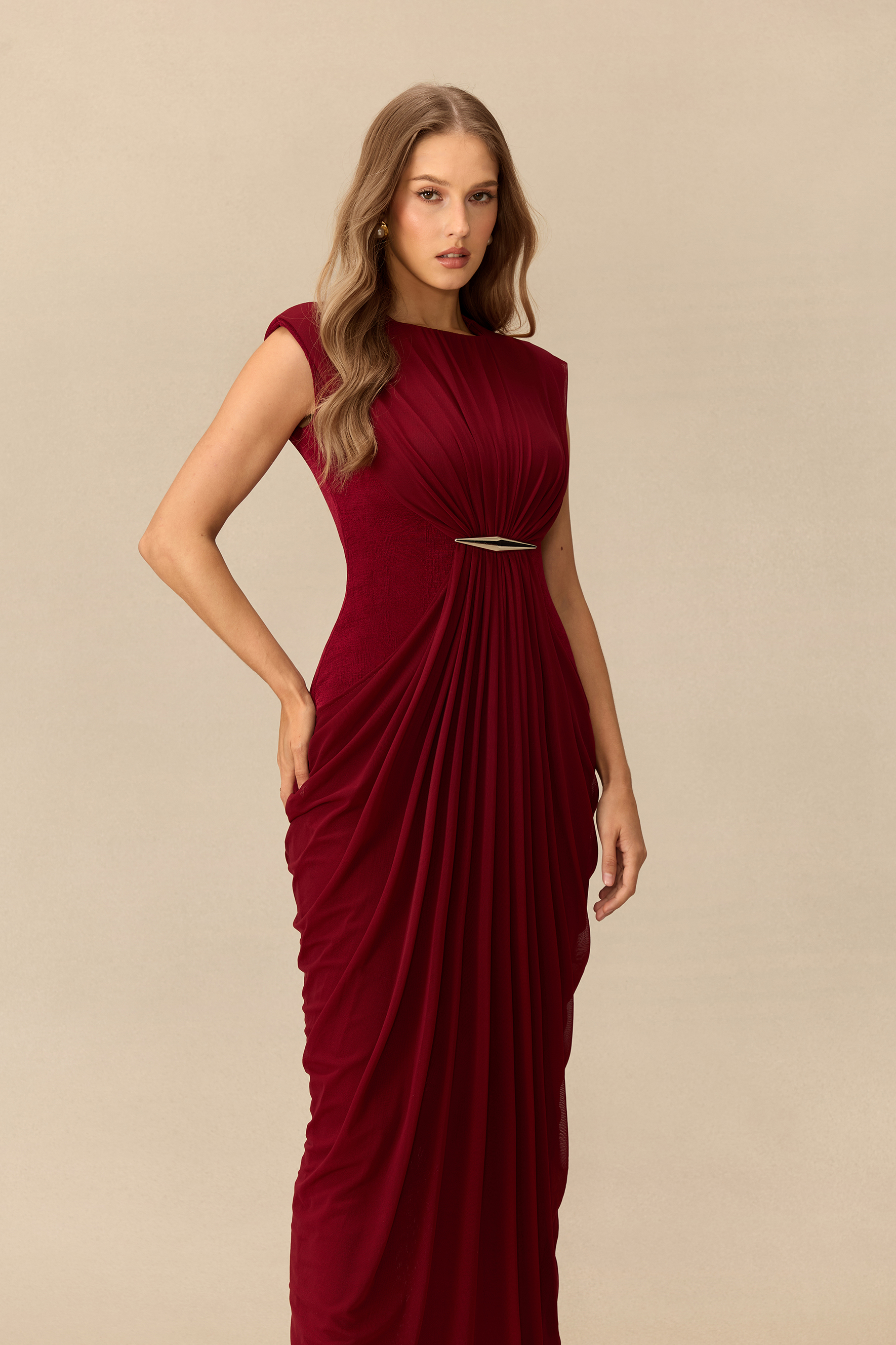 Irresistible Poise Metal Accent Draped Knit Maxi Dress