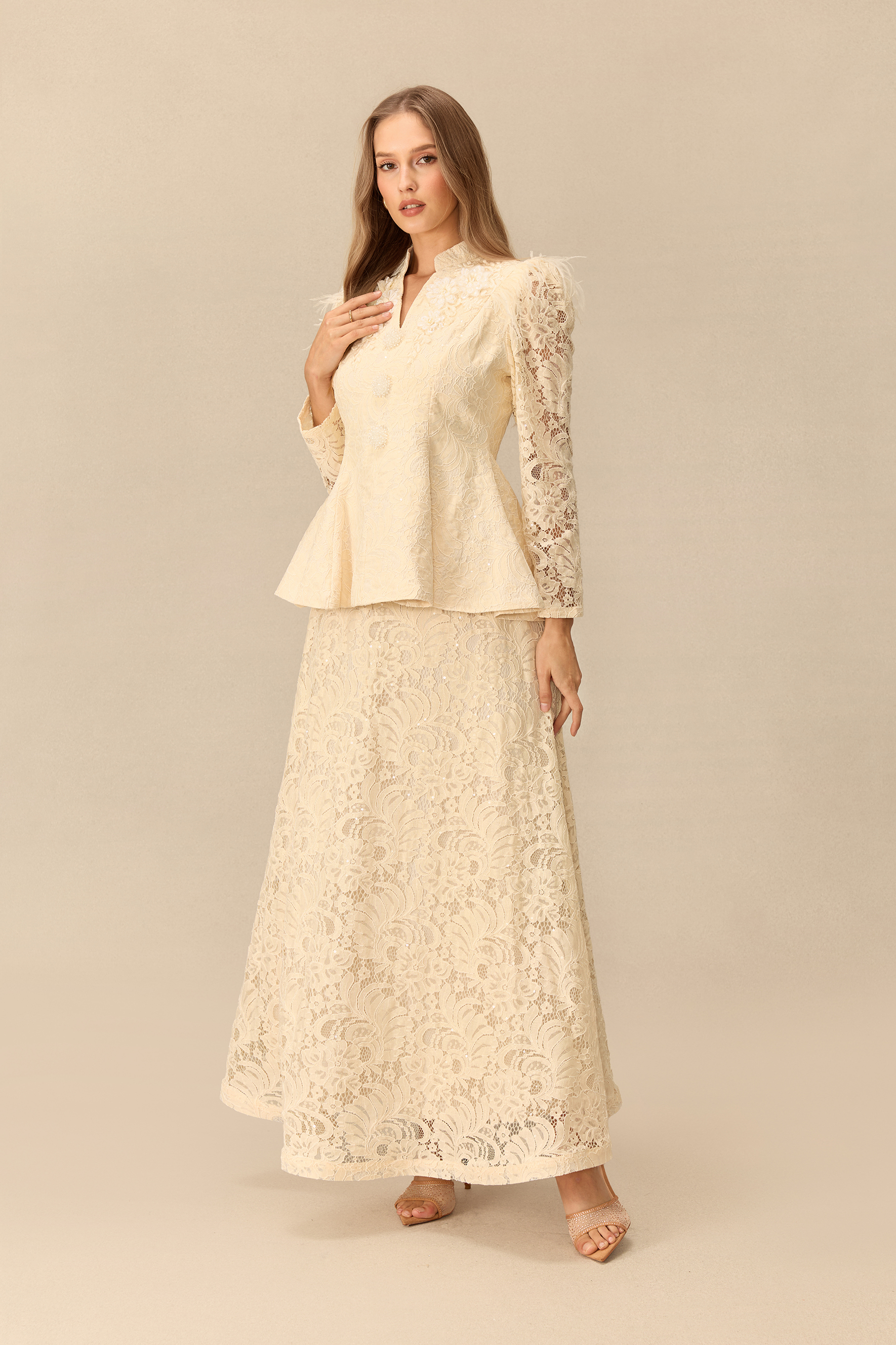 Made For The Moment Feather Shoulder Jacket & Lace Skirt Set