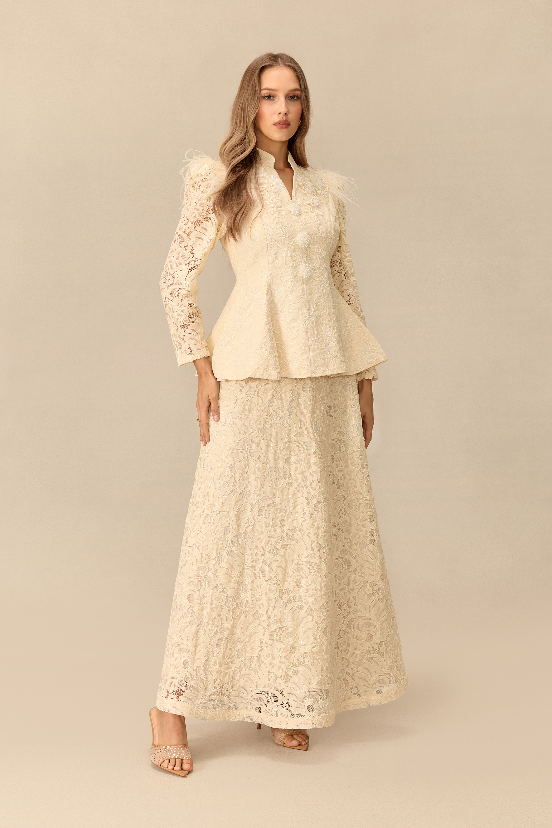 Made For The Moment Feather Shoulder Jacket & Lace Skirt Set