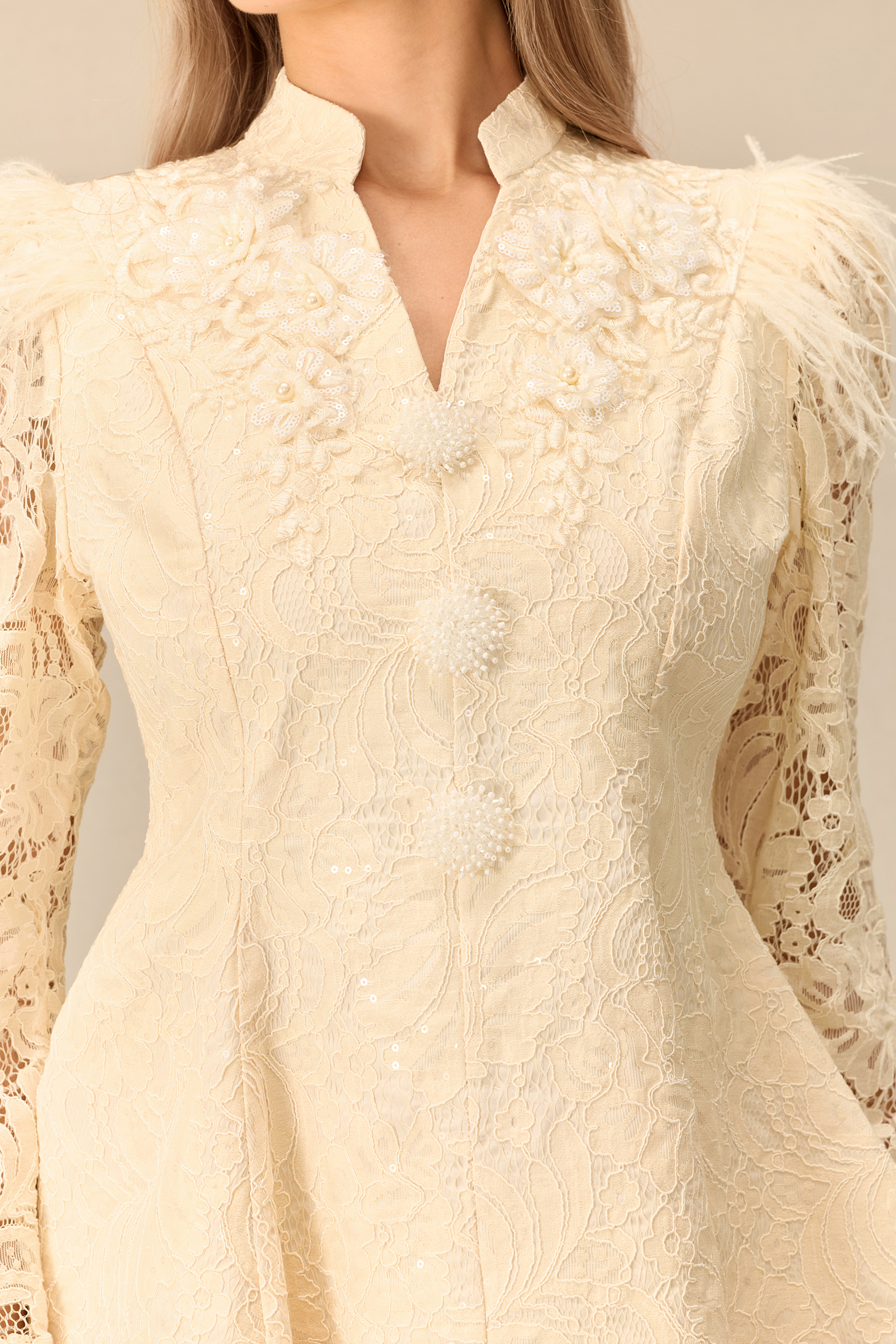Made For The Moment Feather Shoulder Jacket & Lace Skirt Set