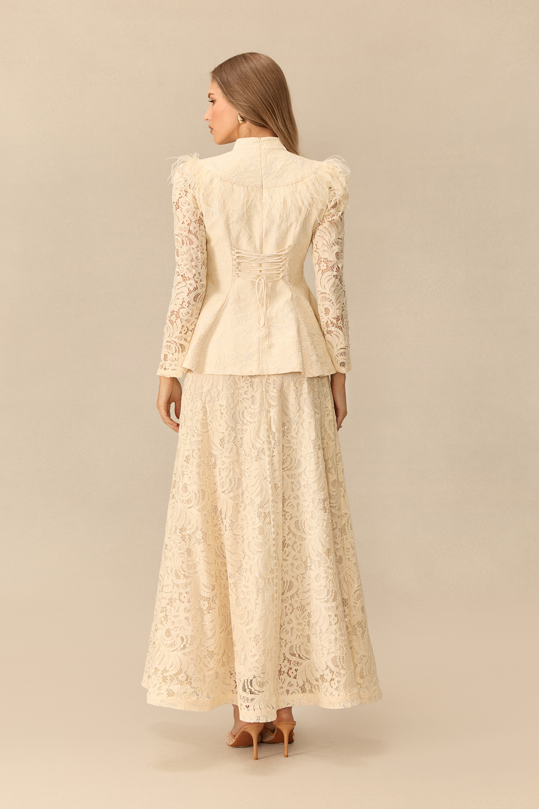 Made For The Moment Feather Shoulder Jacket & Lace Skirt Set