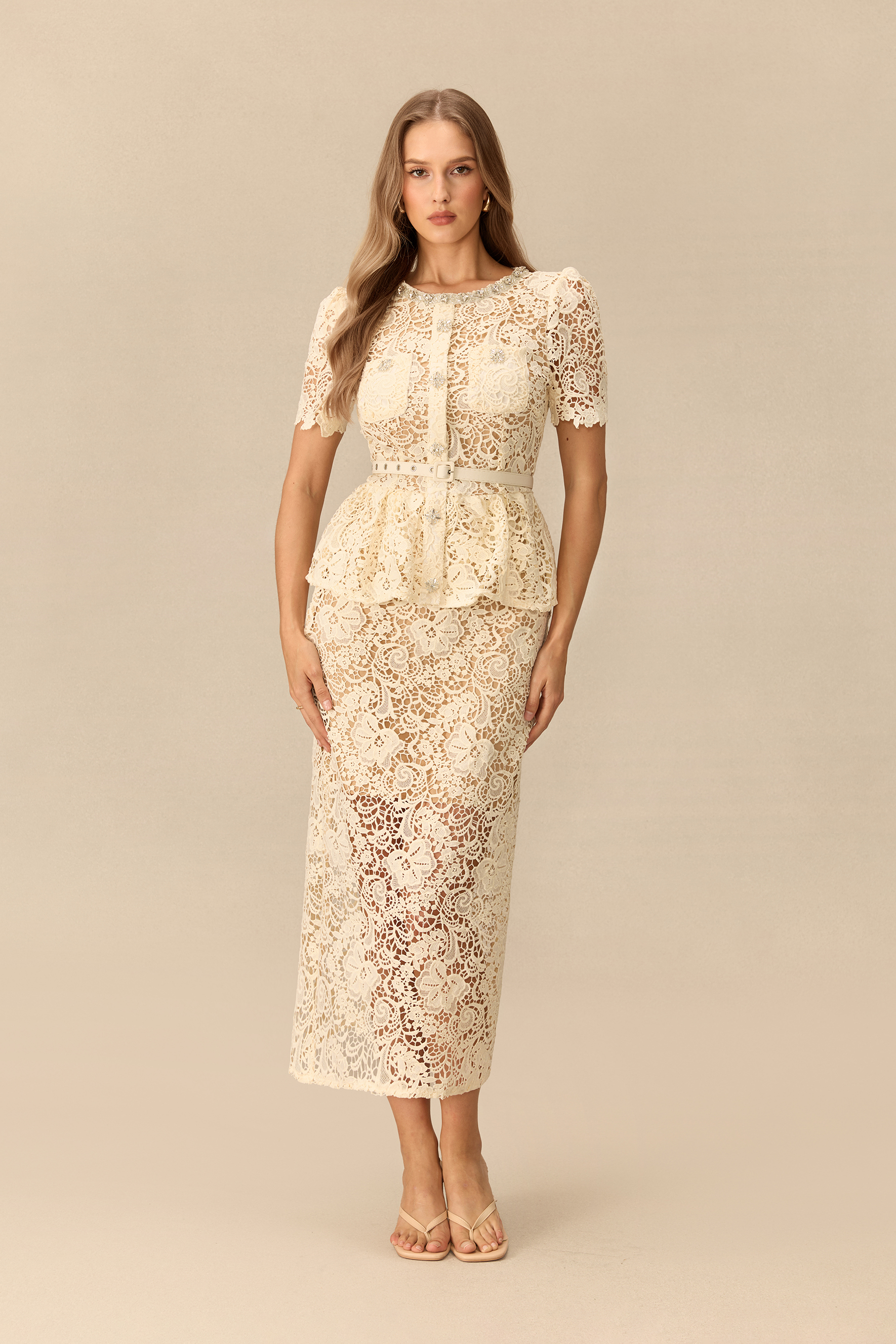Make An Entrance Floral Lace Rhinestone Trim Midi Dress