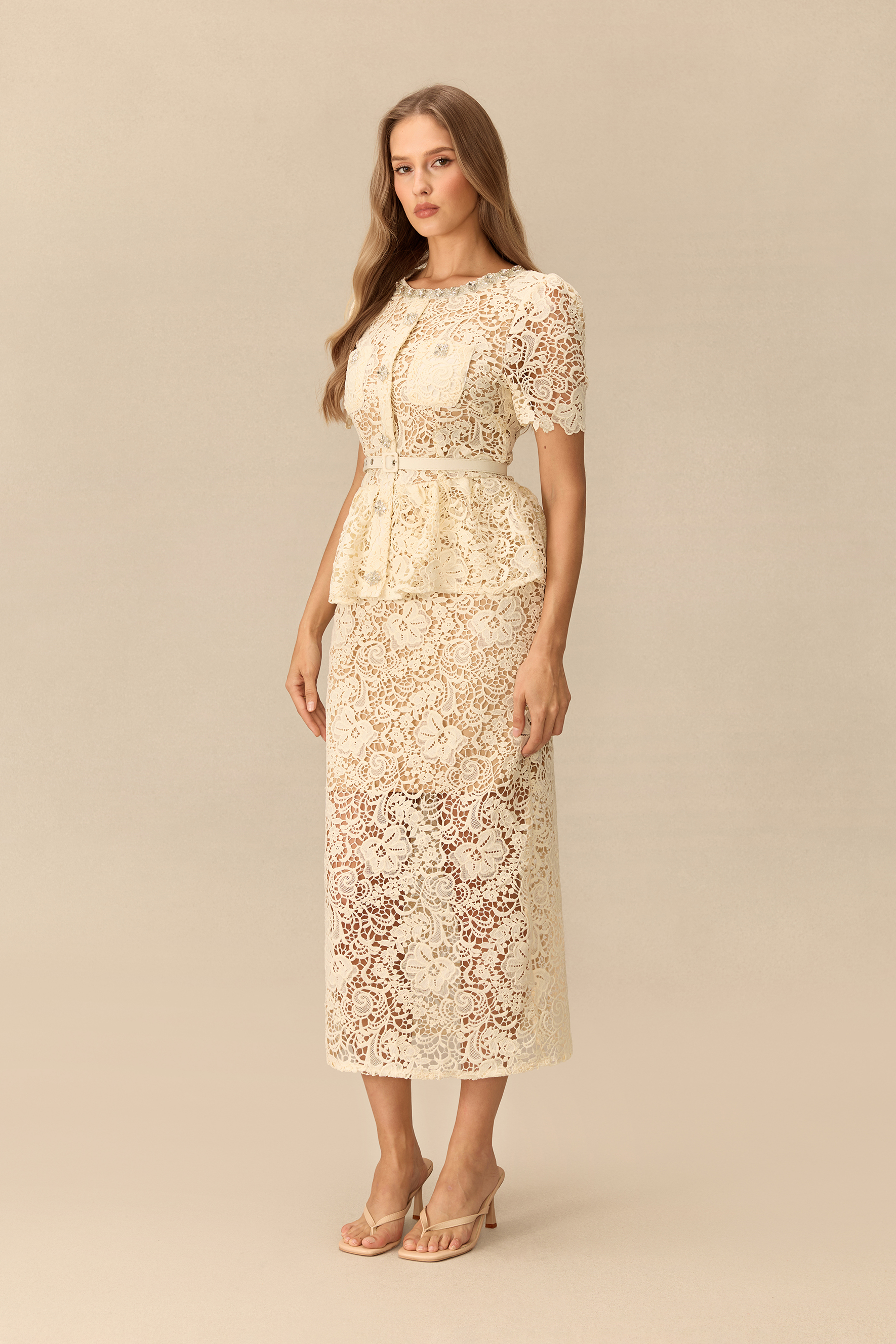 Make An Entrance Floral Lace Rhinestone Trim Midi Dress