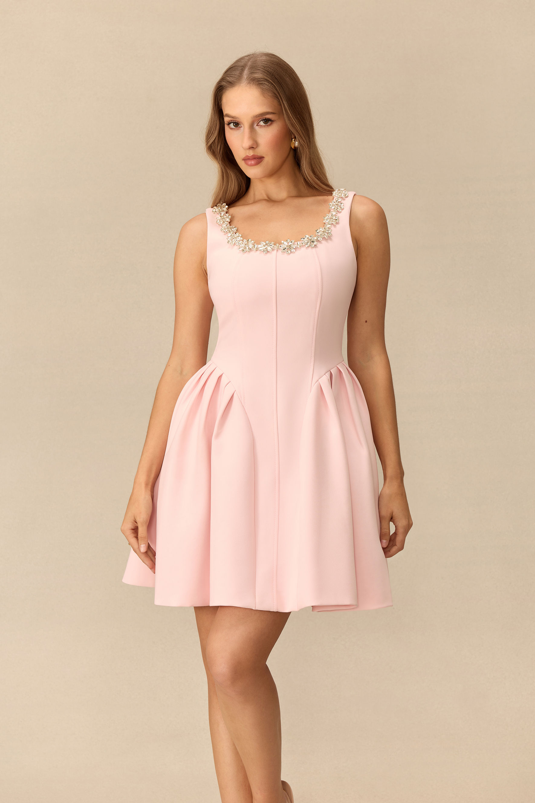 Miss Adorable Rhinestone Trim Flare Mini Dress