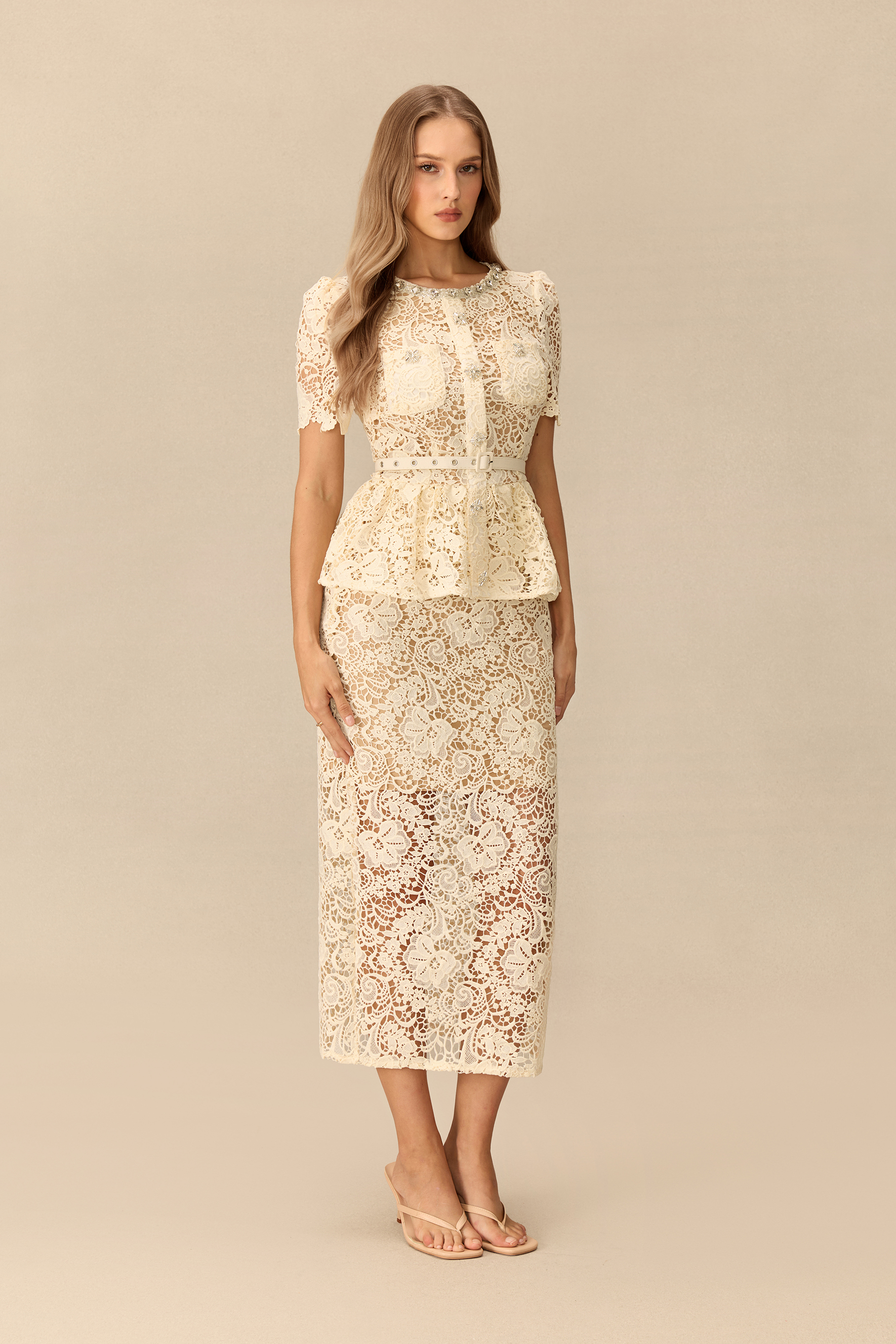 Make An Entrance Floral Lace Rhinestone Trim Midi Dress